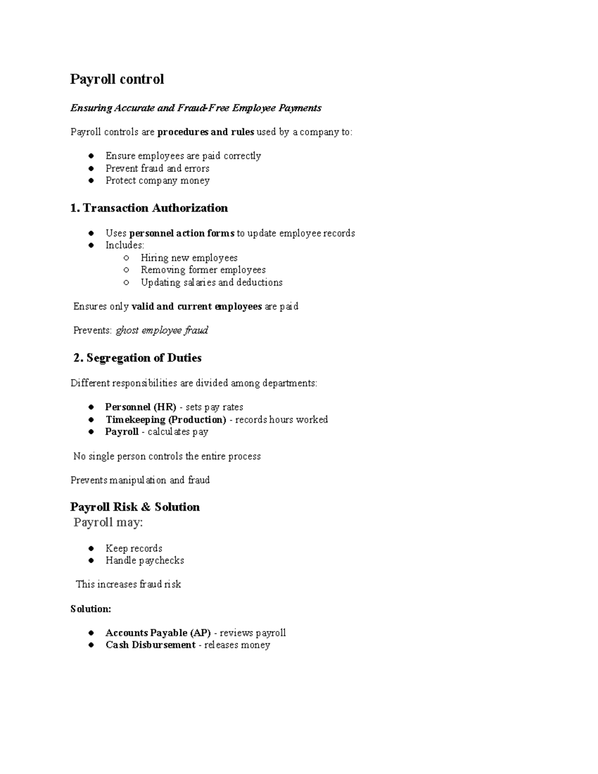 Payroll Control and Fixed Asset System Overview - BIT Handout 2 - Studocu