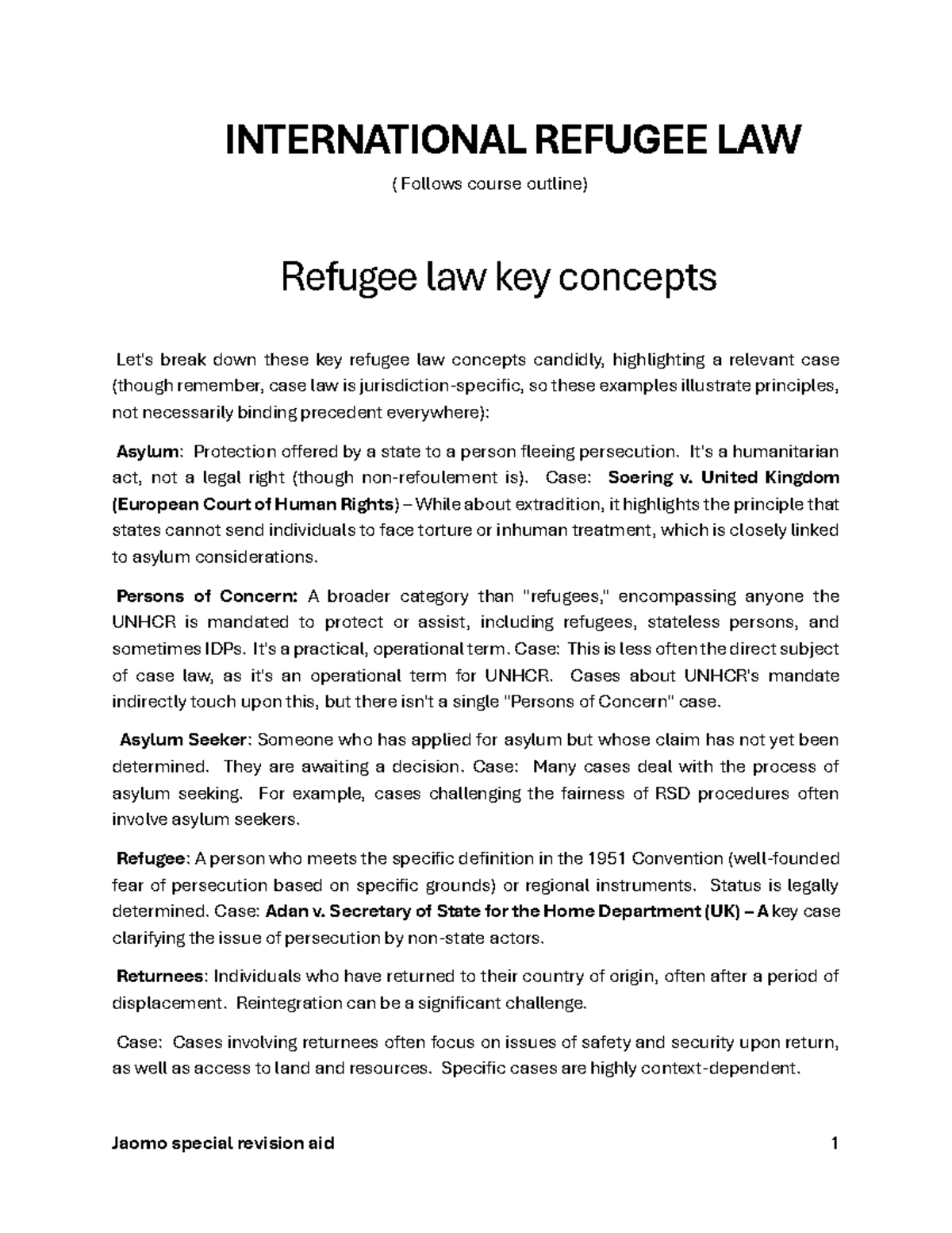 IRL Revision Notes: Key Concepts in International Refugee Law - Studocu