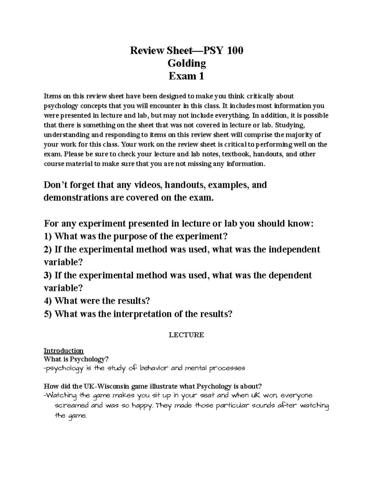 PSY 100 Exam 1 Review Sheet - Key Concepts and Study Guide - Studocu
