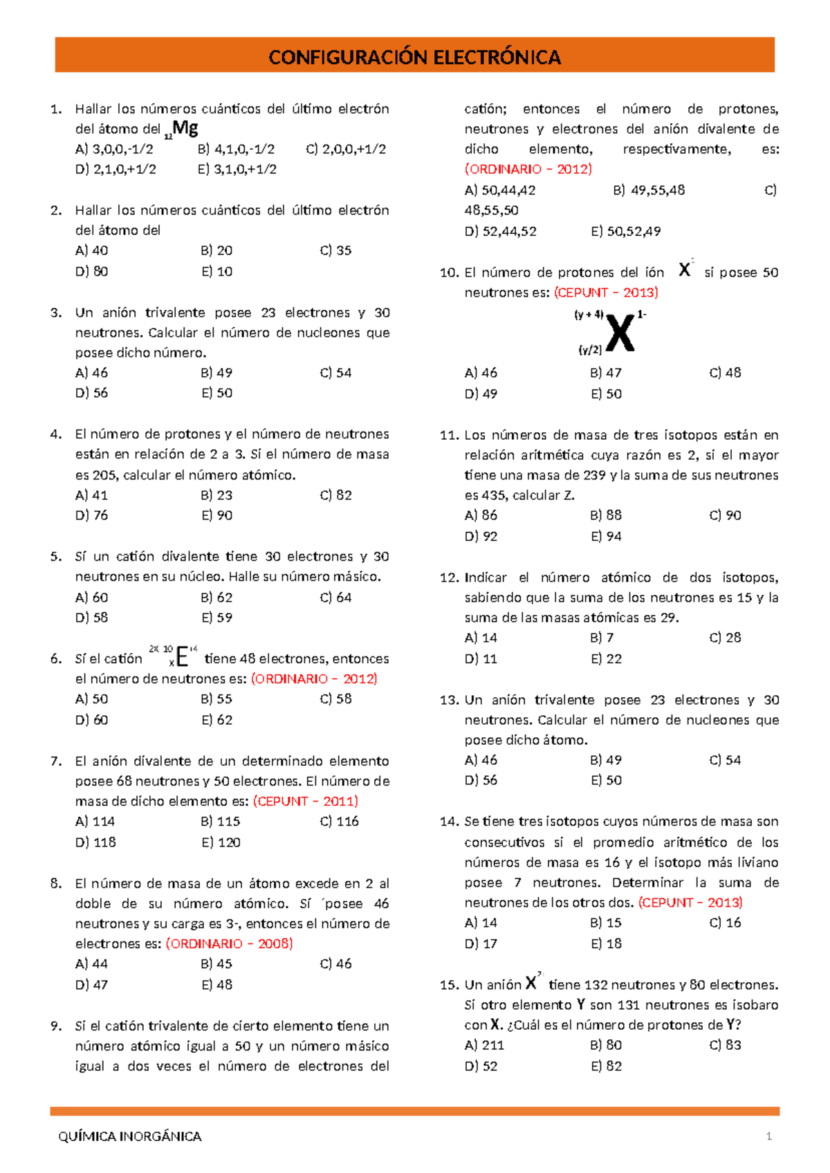 Configuración Electrónica y Números Cuánticos - QUÍMICA INORGÁNICA - Document Preview