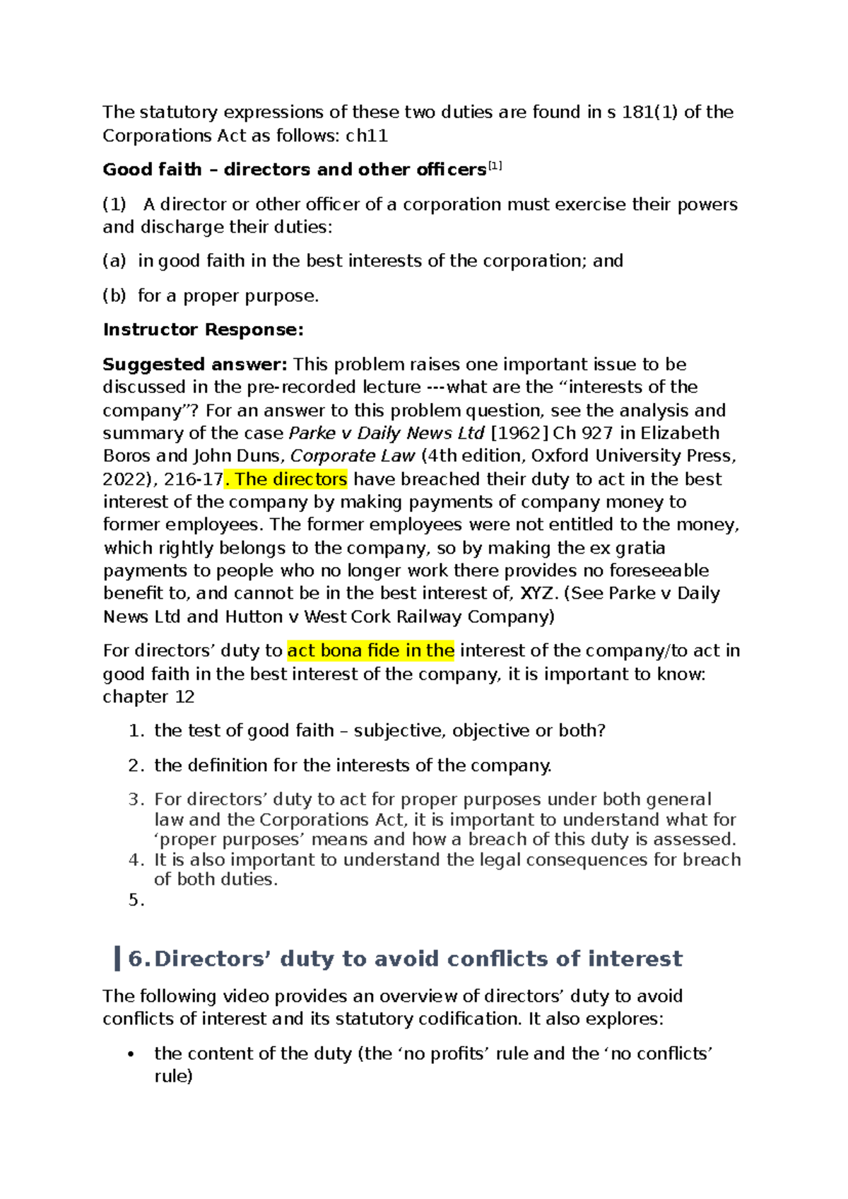 Mod 3 & 4 - Good Faith Duties of Directors in Corporate Law - Studocu