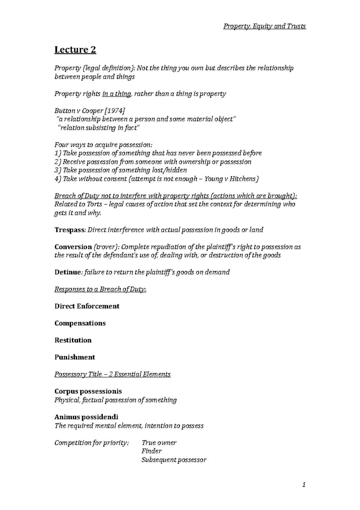 Property, Equity & Trusts Exam Notes - Key Concepts & Cases Overview ...