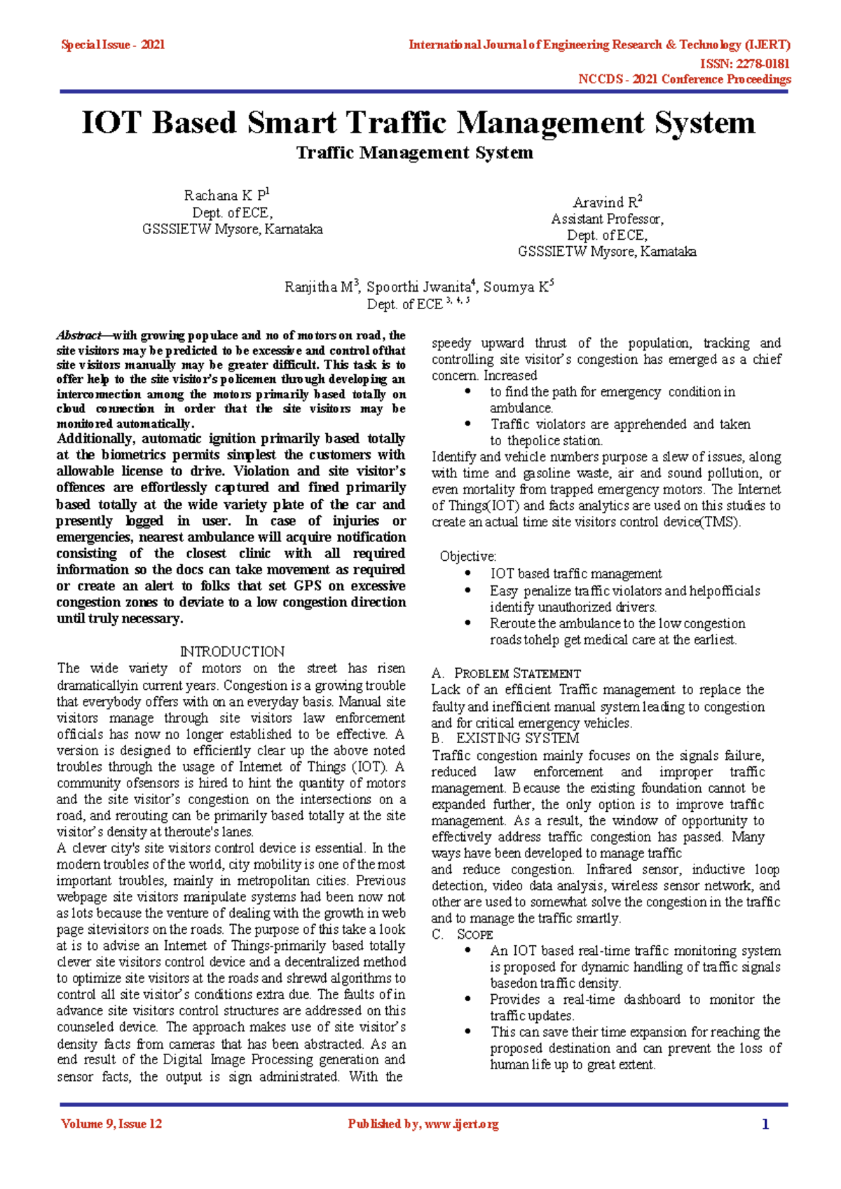 Iot based smart traffic management system Ijertconv 9IS12032 - ISSN ...