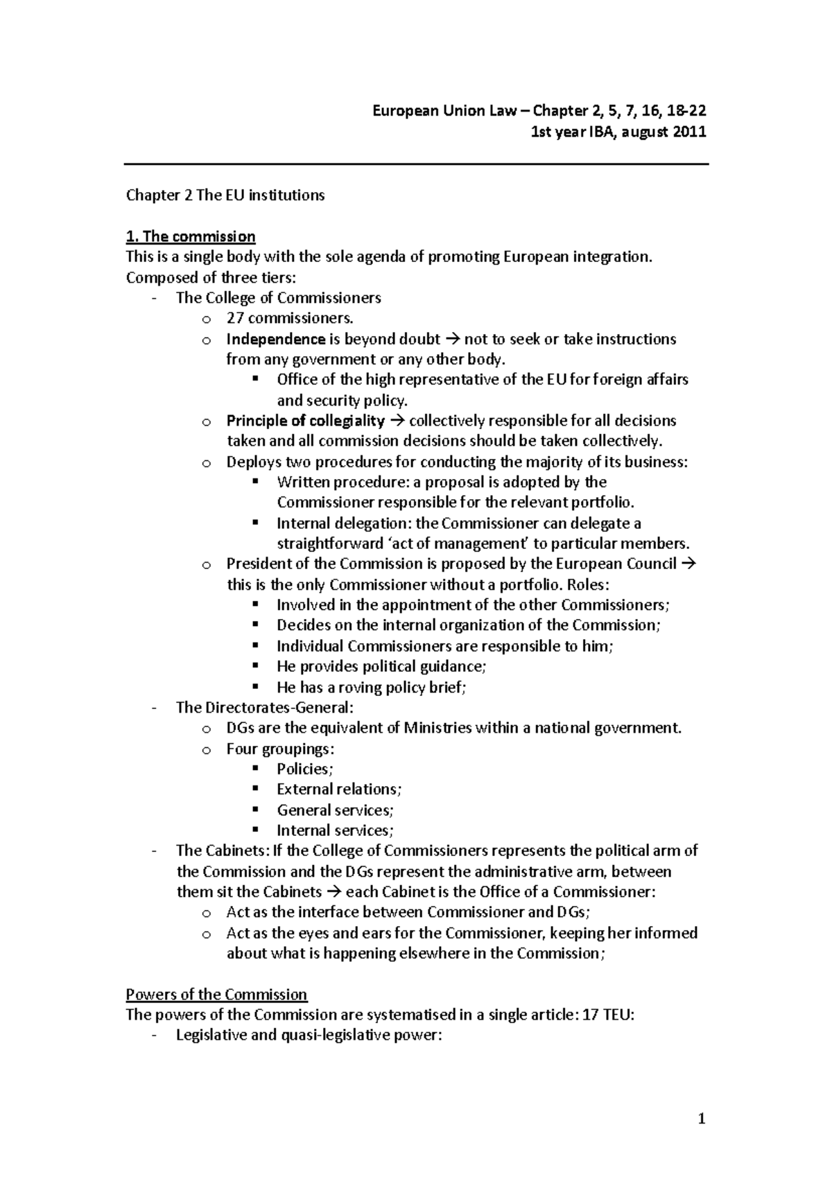 Summary of European Union Law: Institutional Framework and Powers (1st ...