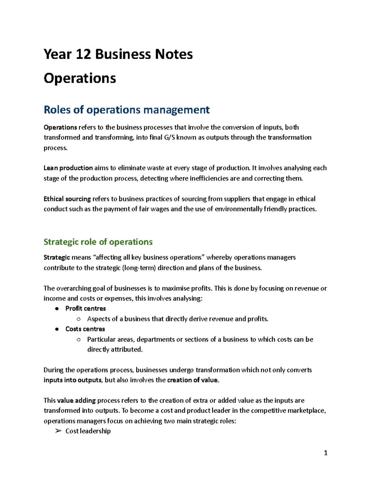 HSC Business Notes Year 12 2022 - Year 12 Business Notes Operations ...