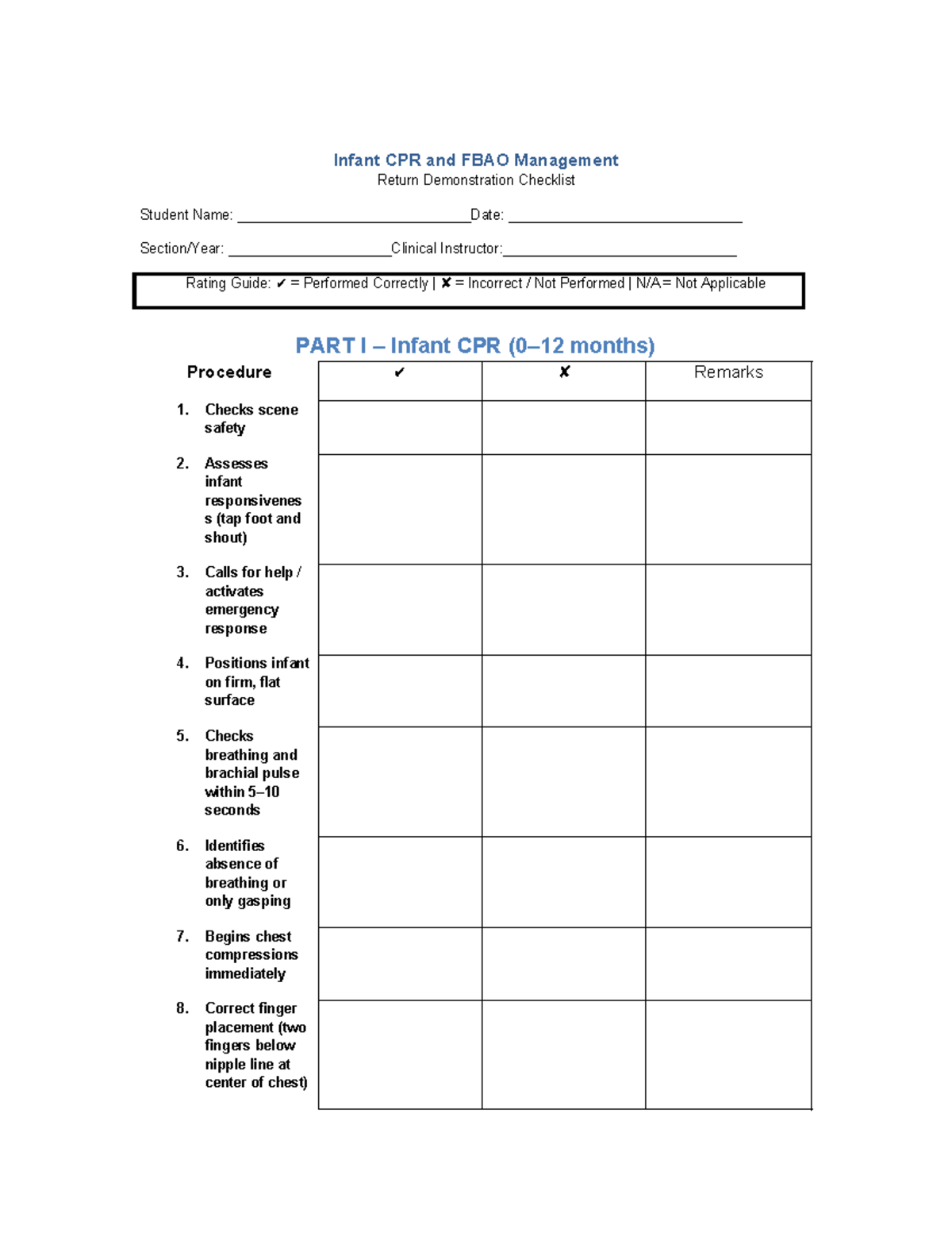 Infant CPR & FBAO Management Return Demo Checklist - Studocu