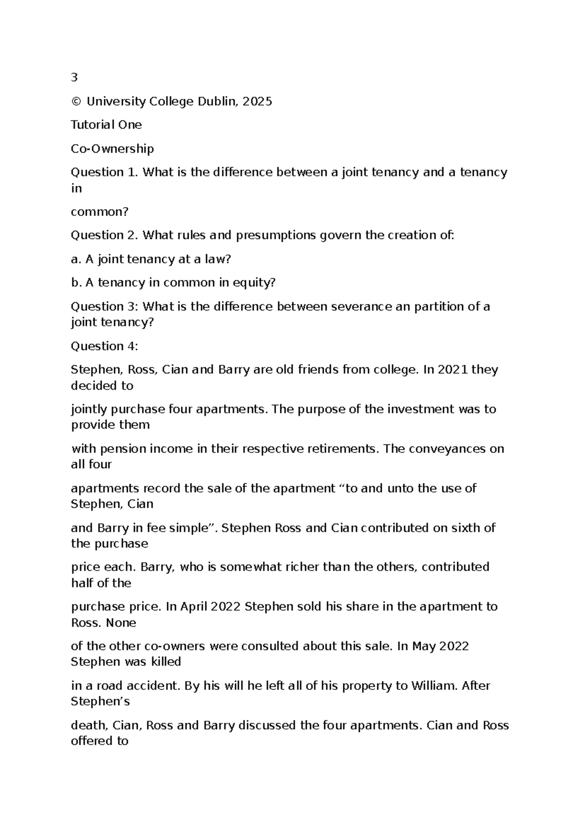 UCD 2025 Tutorial One: Property Law Joint Tenancy vs Tenancy in Common ...