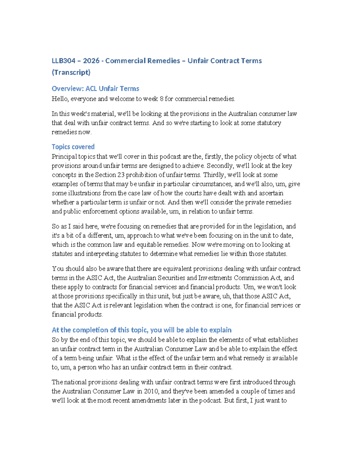 LLB304 2026 Commercial Remedies: Unfair Contract Terms Overview - Studocu