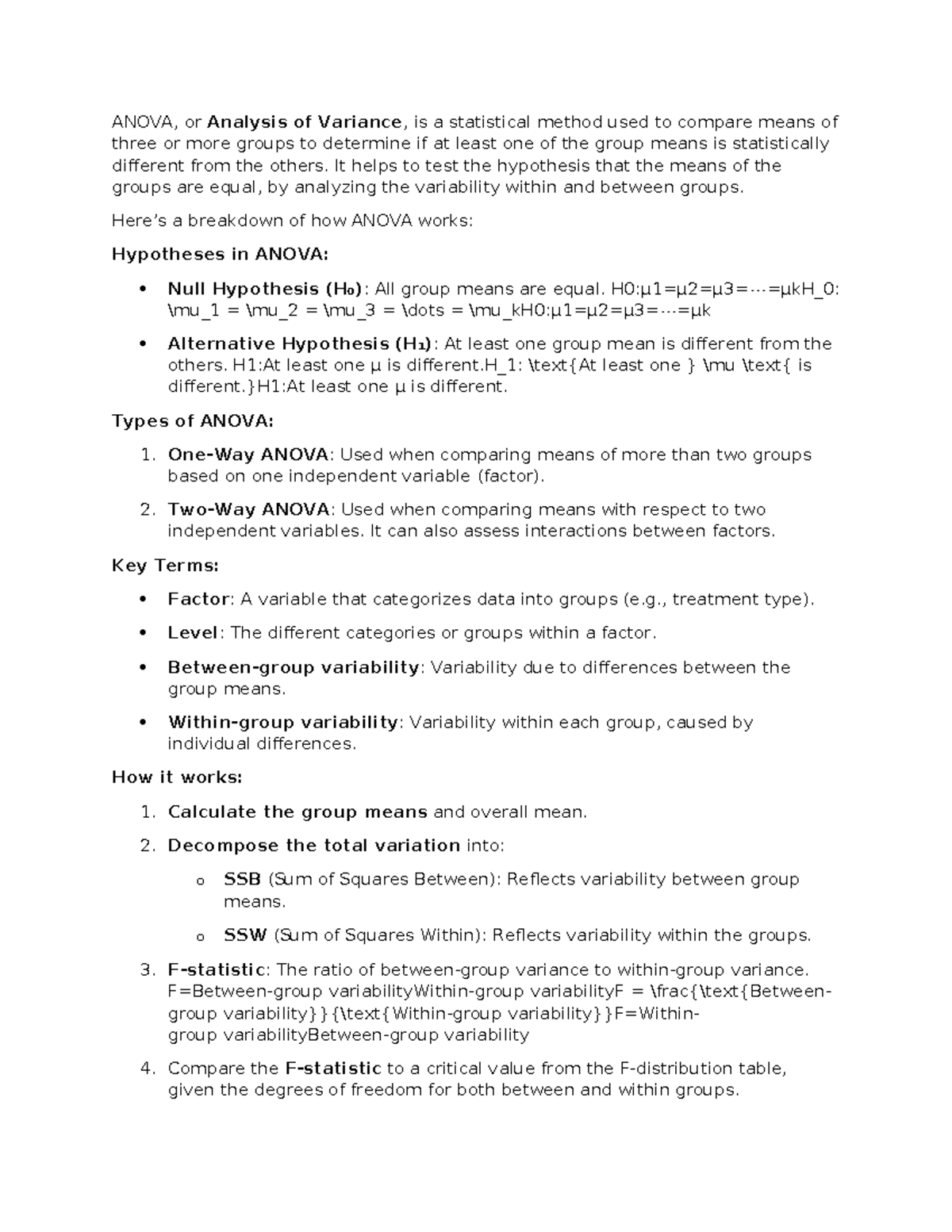 ANOVA in Data Science - Key Concepts and Notes - Studocu