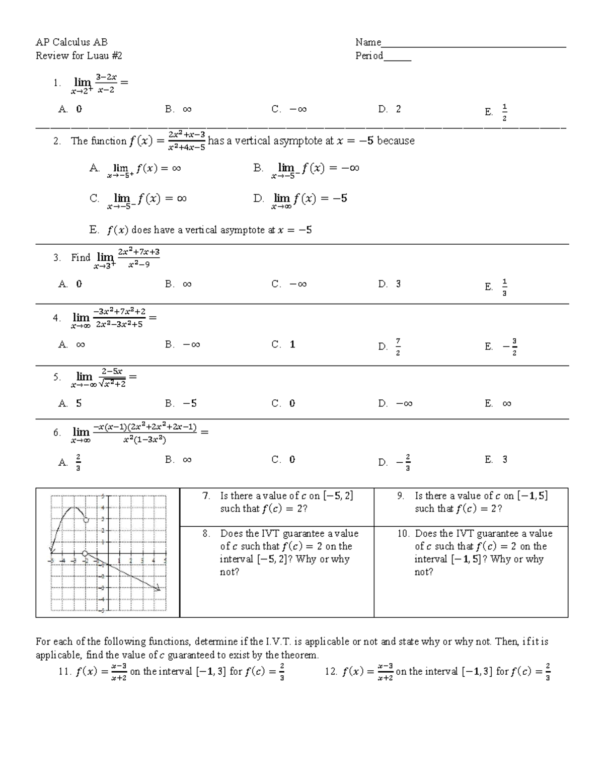 AP Calculus AB Review for Luau #2: Units 2.1-2.5 (Excl. 2.4) - Studocu