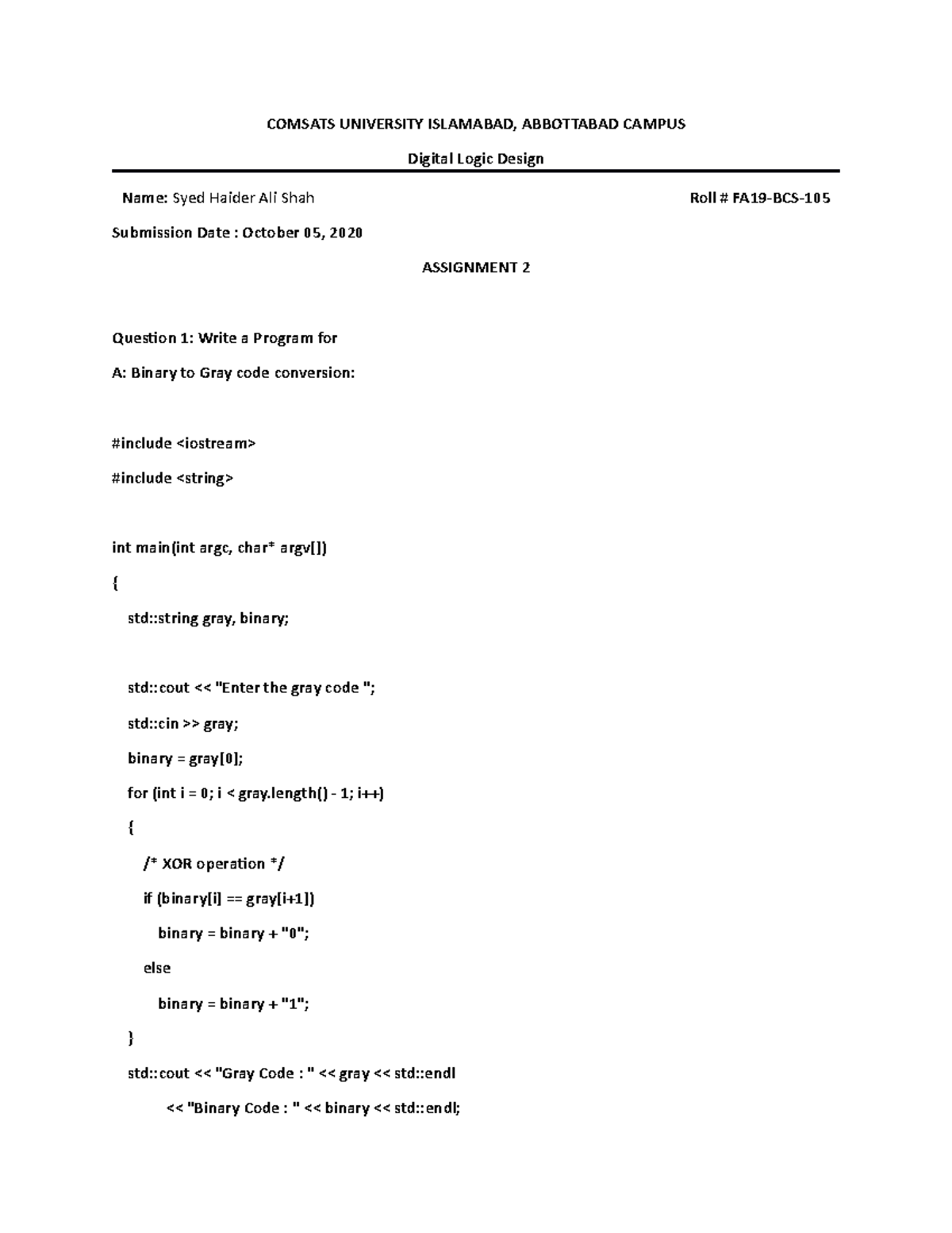 Digital Logic Design (COMSATS) Assignment 2: Binary to Gray and Vice ...