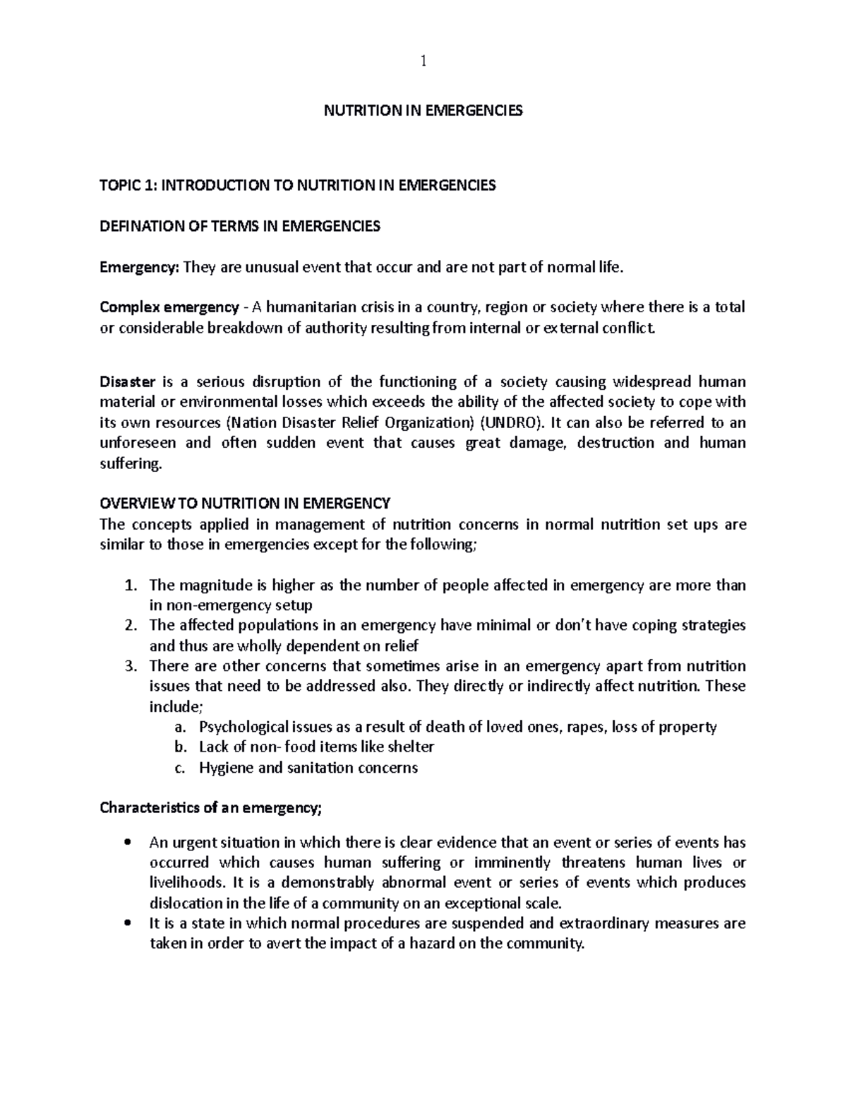 Nutrition in Emergencies: Lecture Notes & Assessments Overview - Studocu