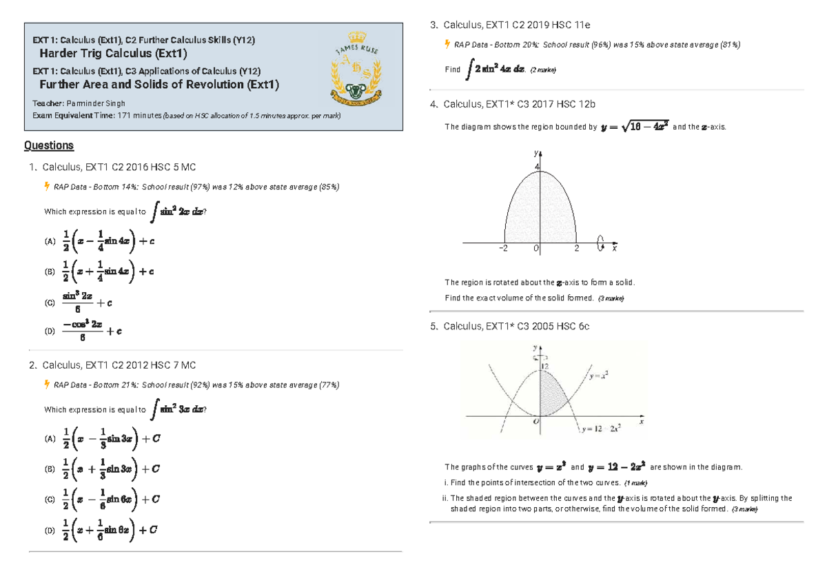 Harder Trig Calculus: Further Skills & Solids of Revolution (EXT1 ...