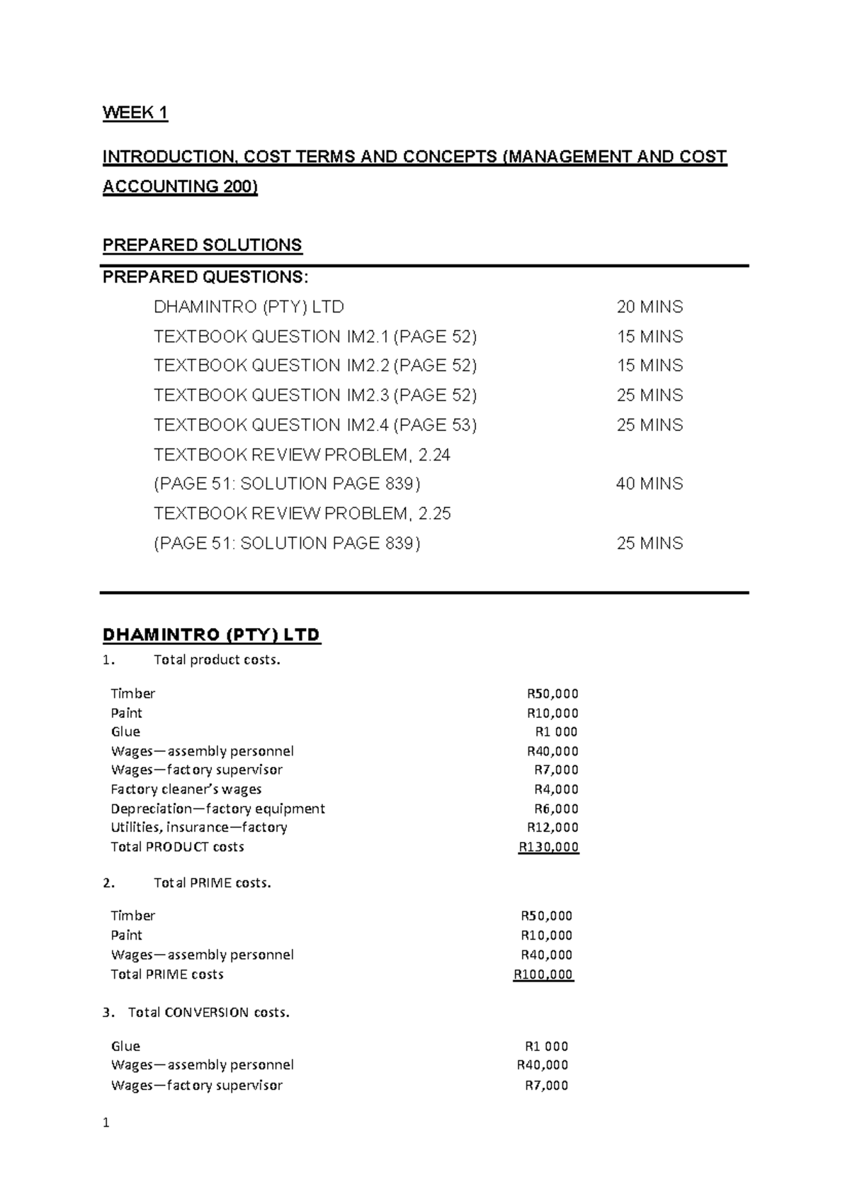 WEEK 1 Practice questions - WEEK 1 INTRODUCTION, COST TERMS AND ...