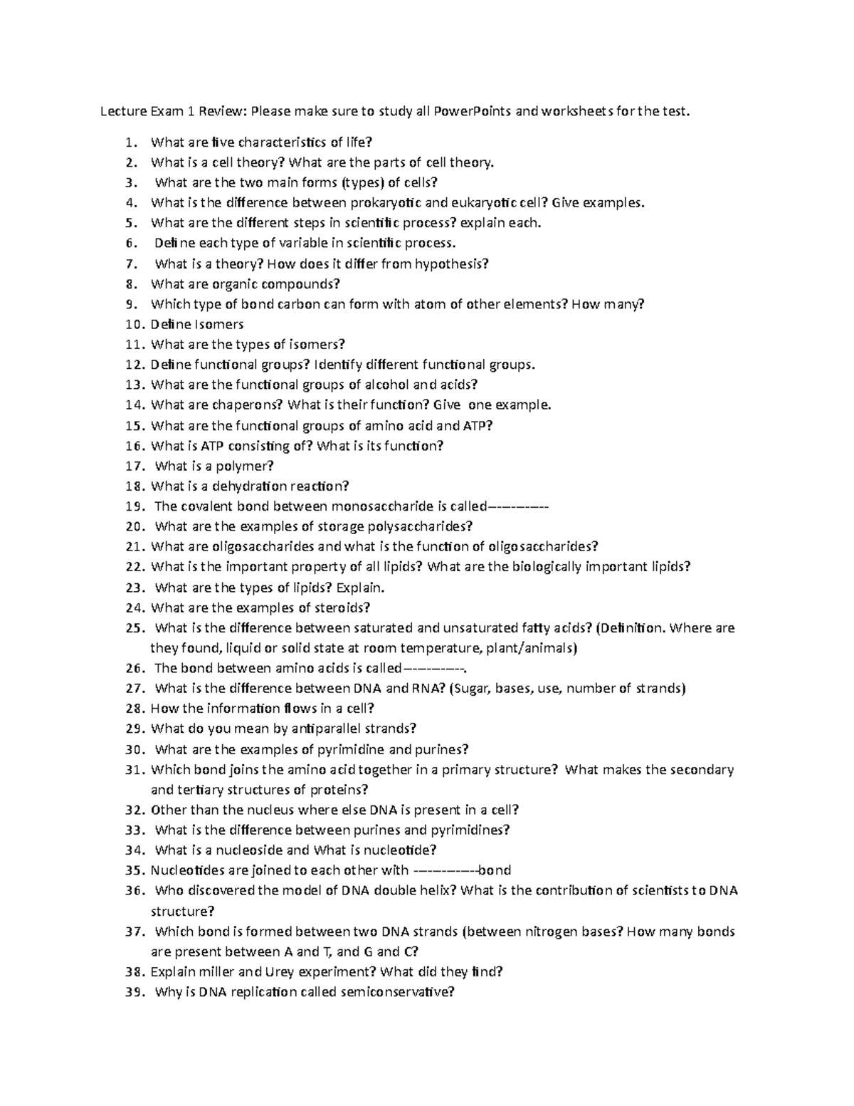 Biology 101: Lecture Exam 1 Review - Key Concepts & Questions - Studocu
