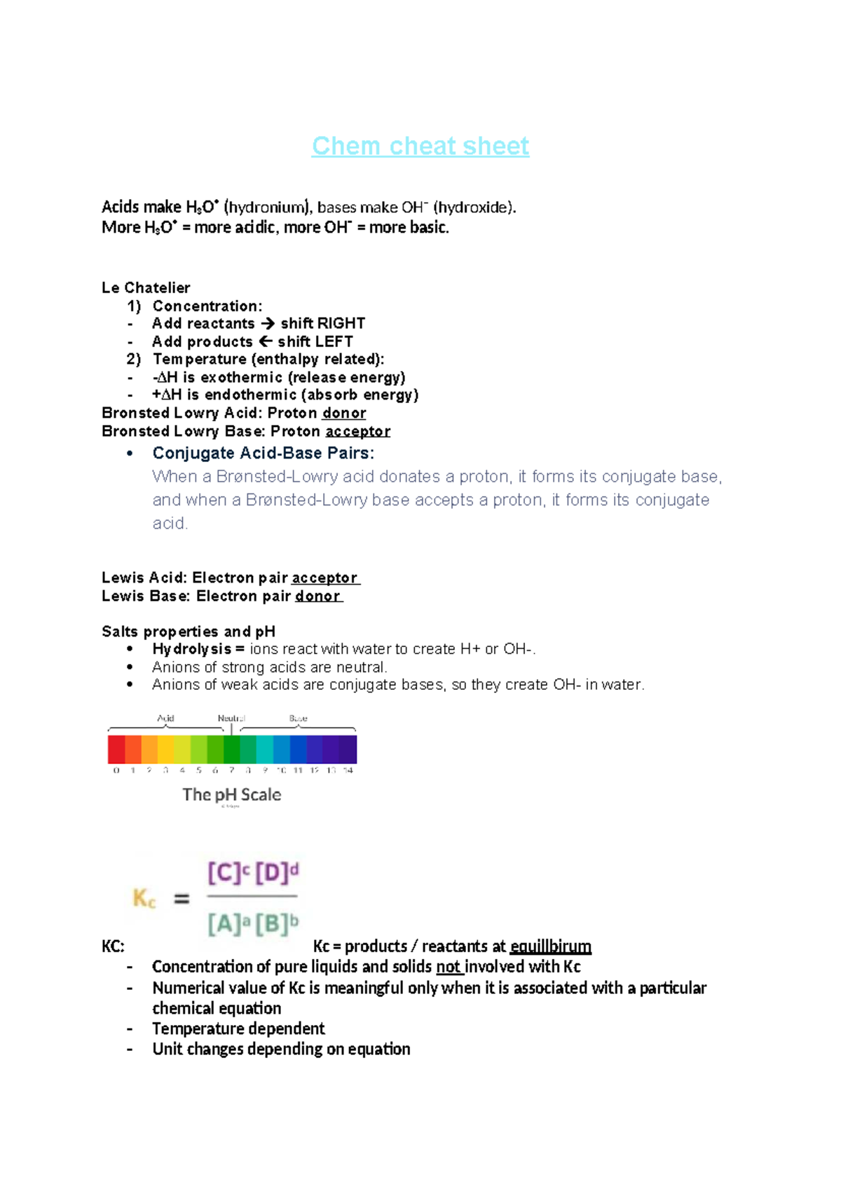 Chem cheat sheet - Summary Chemistry 1 - Chem cheat sheet Acids make ...