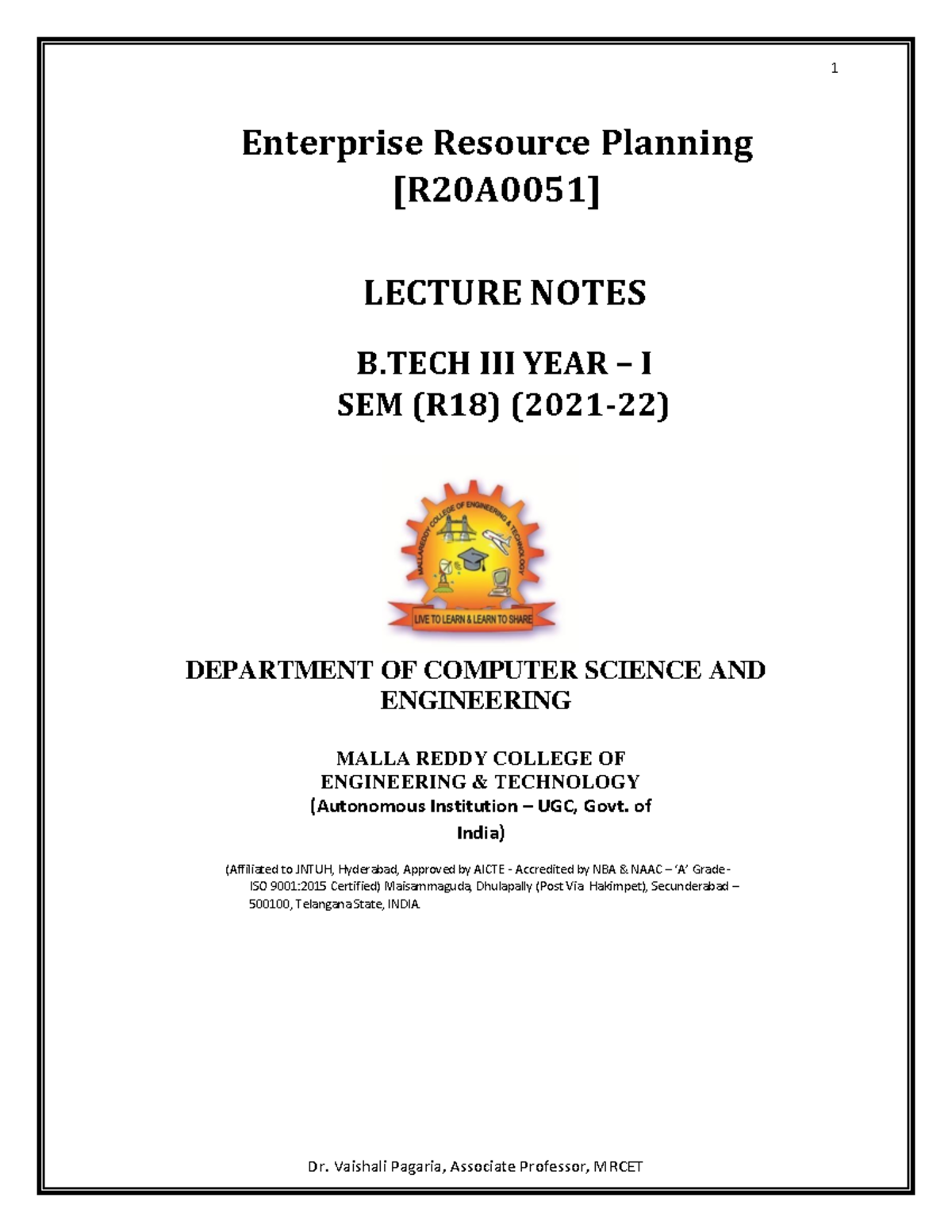 Enterprise Resource Planning LECTURE NOTES [R20A0051] B.Tech III Year I ...