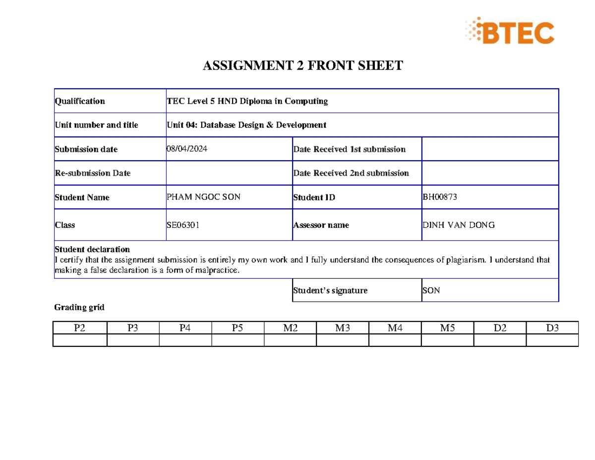 ASM2 1ST DDD Database Design & Development Report BH00873 - Studocu