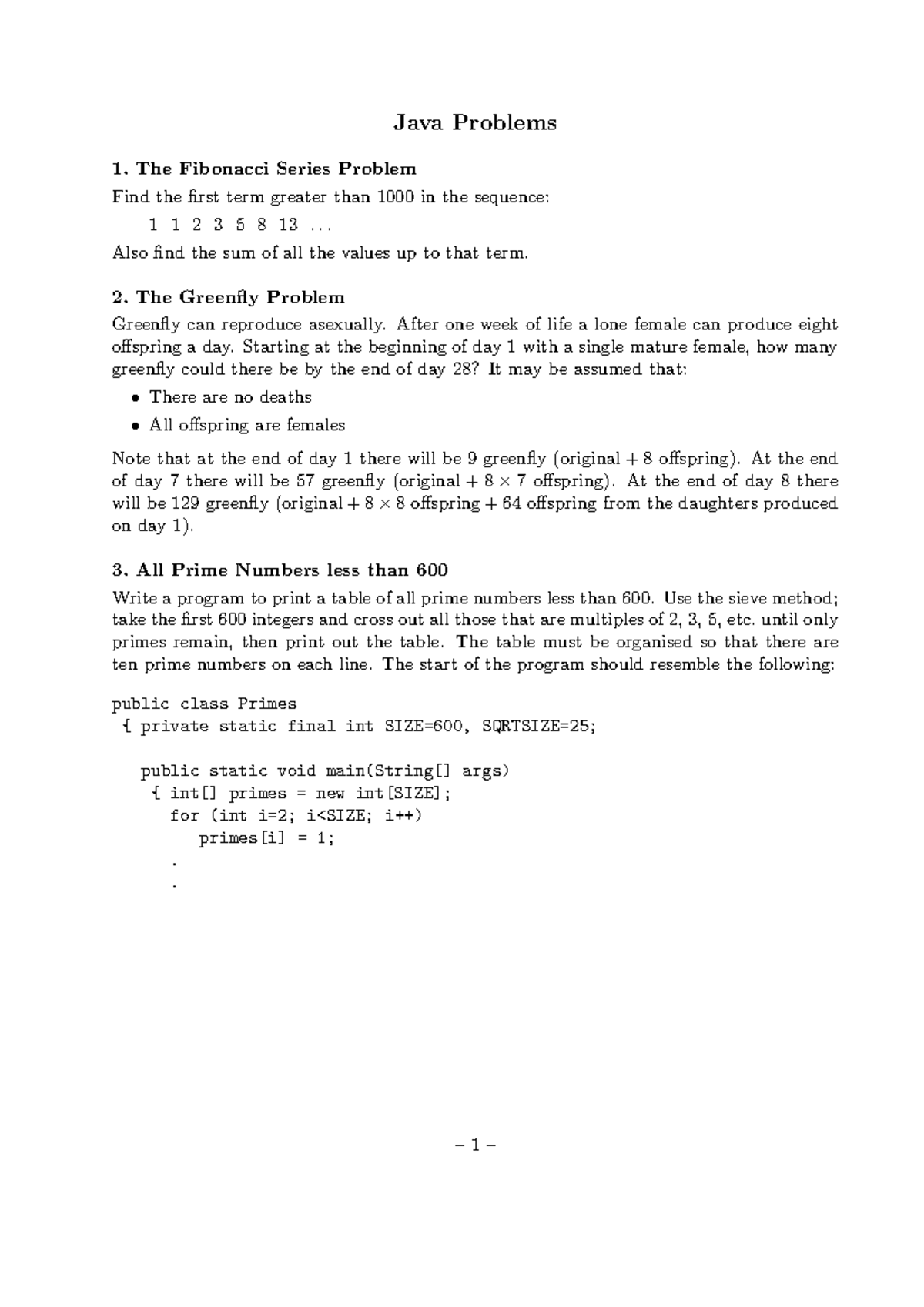Java Problems: Fibonacci, Greenfly, Primes, and More - Studocu