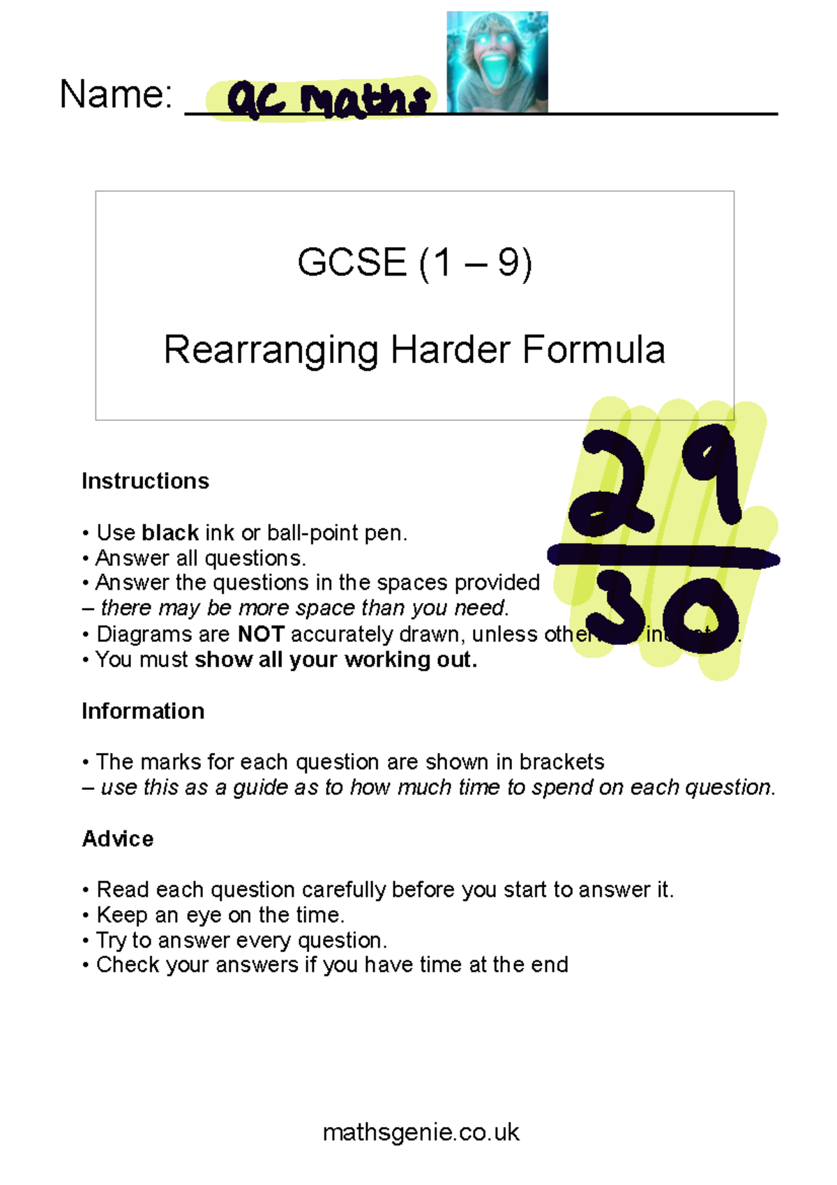 GCSE (1 9) Rearranging Harder Formula Instructions & Tips - Studocu