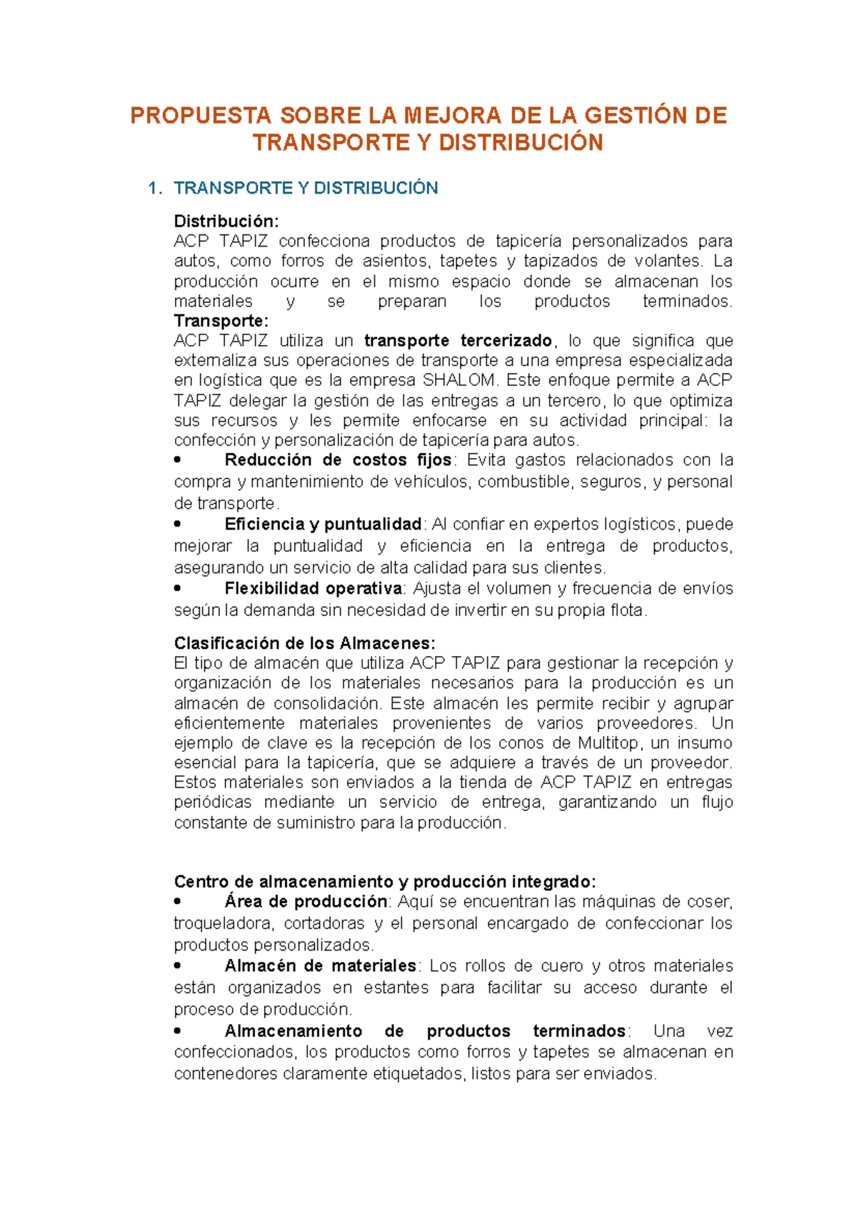 Transporte y distribucion - PROPUESTA SOBRE LA MEJORA DE LA GESTIÓN DE ...