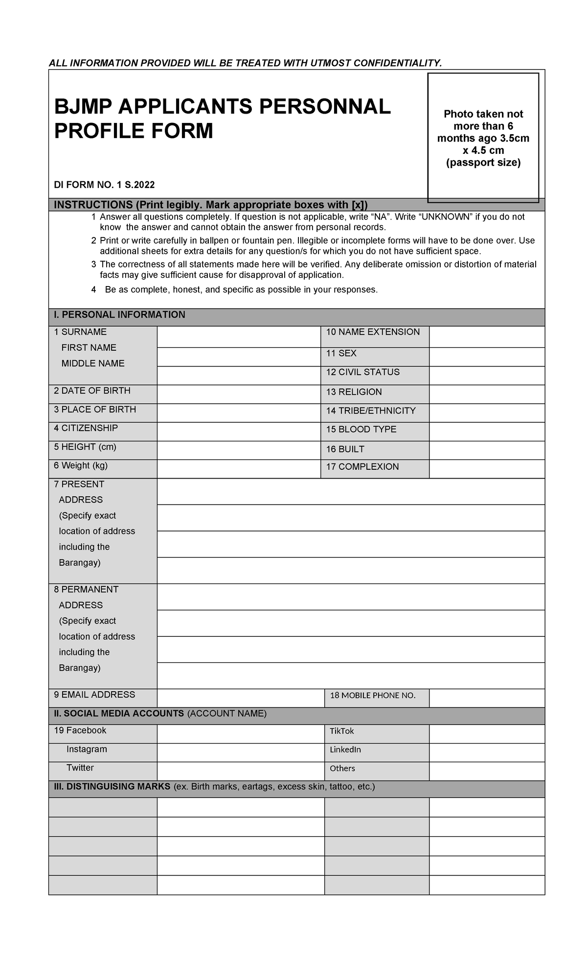 BJMP Applicants Personal Profile Form DI FORM NO. 1 S.2022 - Studocu