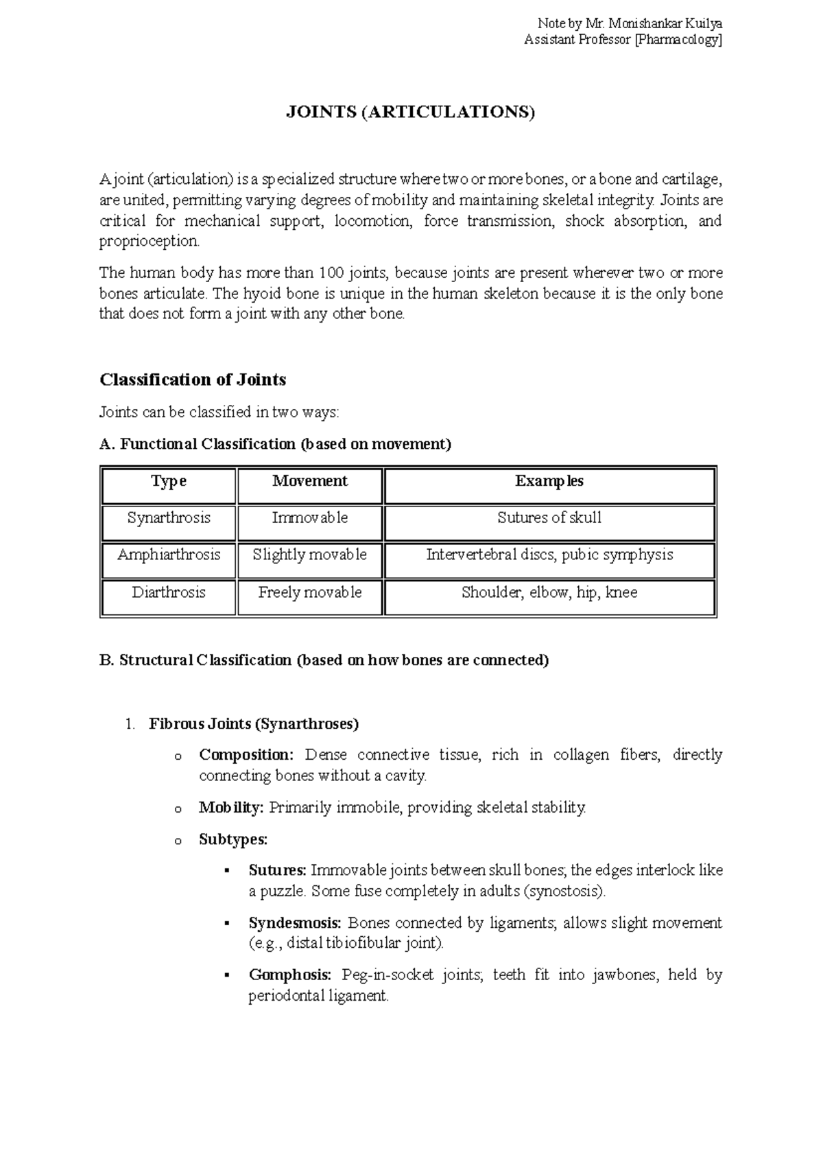 Joints - Notes on Human Anatomy & Physiology I (JOINTS) - Studocu