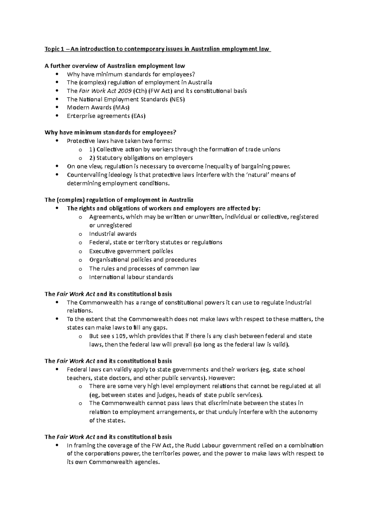 Employment Law - Lecture Notes - Topic 1 – An introduction to ...