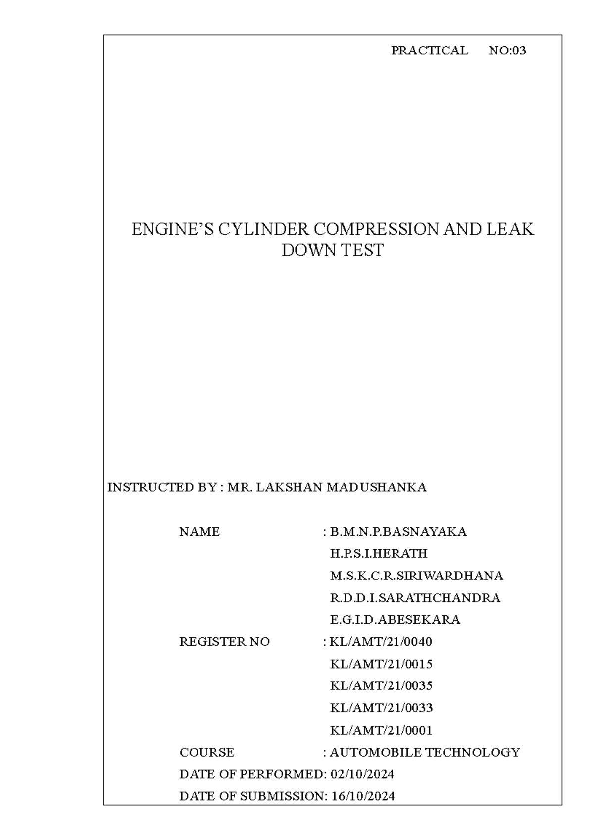 Automobile Technology - Practical 03: Cylinder Compression & Leak Down ...