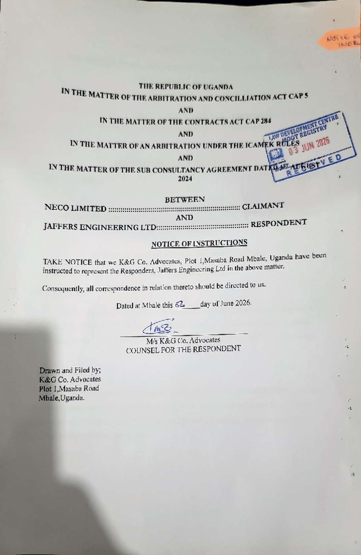 Notice of Instructions and Response to Arbitration - NECO Ltd vs ...