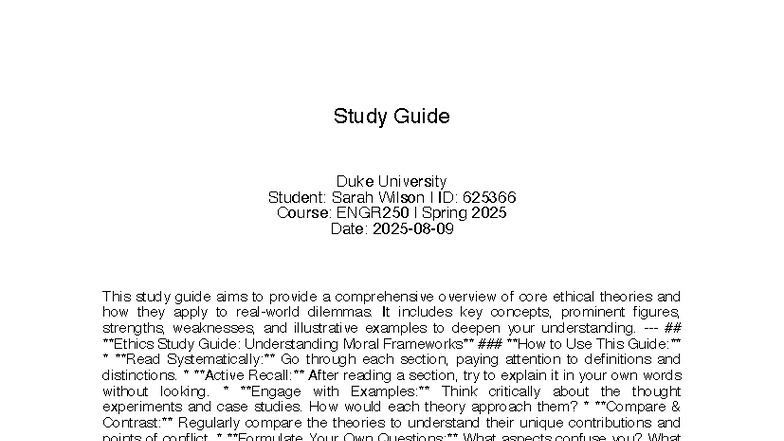 ENGR250 Study Guide: Core Ethical Theories Overview for Spring 2025 ...