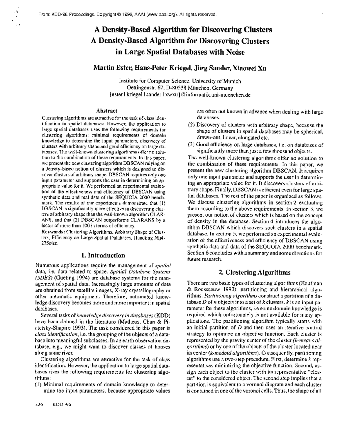 DBSCAN: A Clustering Algorithm for Large Spatial Databases (KDD 1996 ...