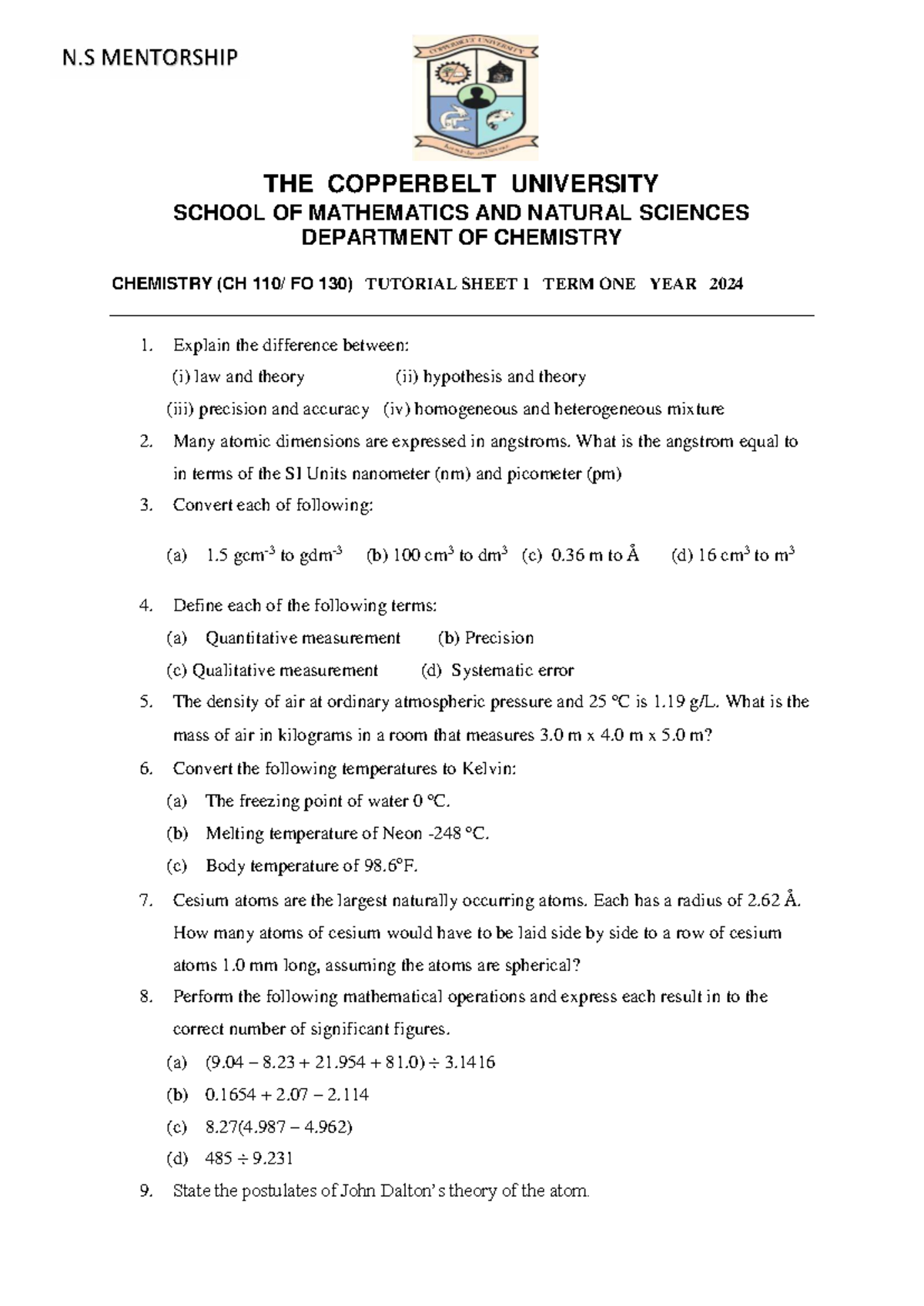 CH 110 Tutorial Sheet 1 with Solutions - Term 1, 2024 - Studocu