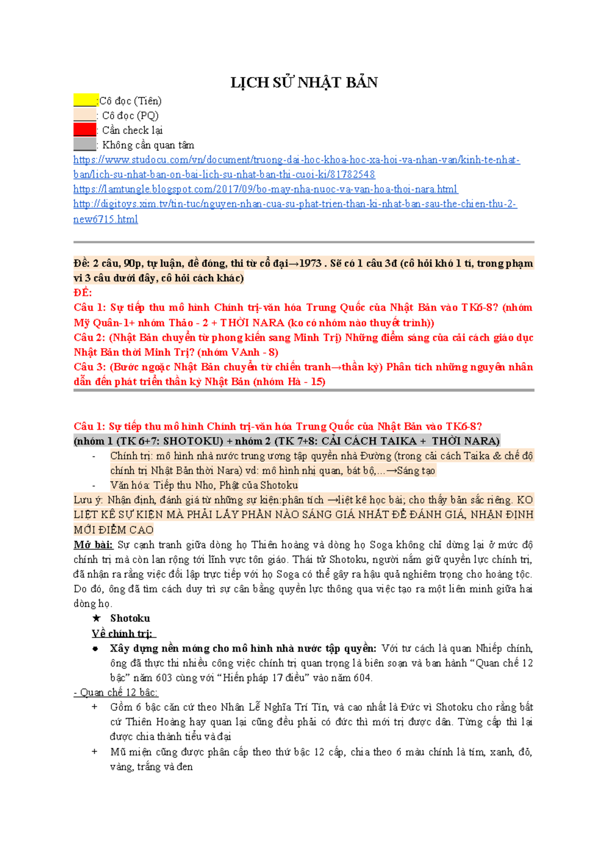 Lịch Sử Nhật Bản - Đề Thi Học Kỳ Cuối 1 (HS Nhật Bản) - Document Preview