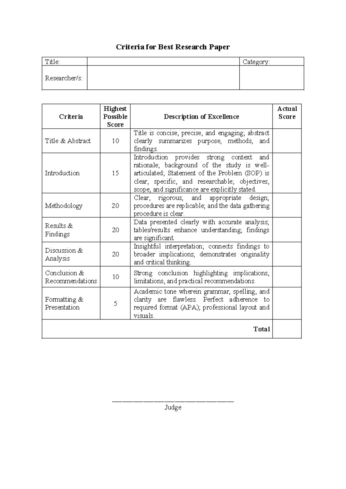 Criteria for Best Research Paper: Scoring Guide and Evaluation - Studocu