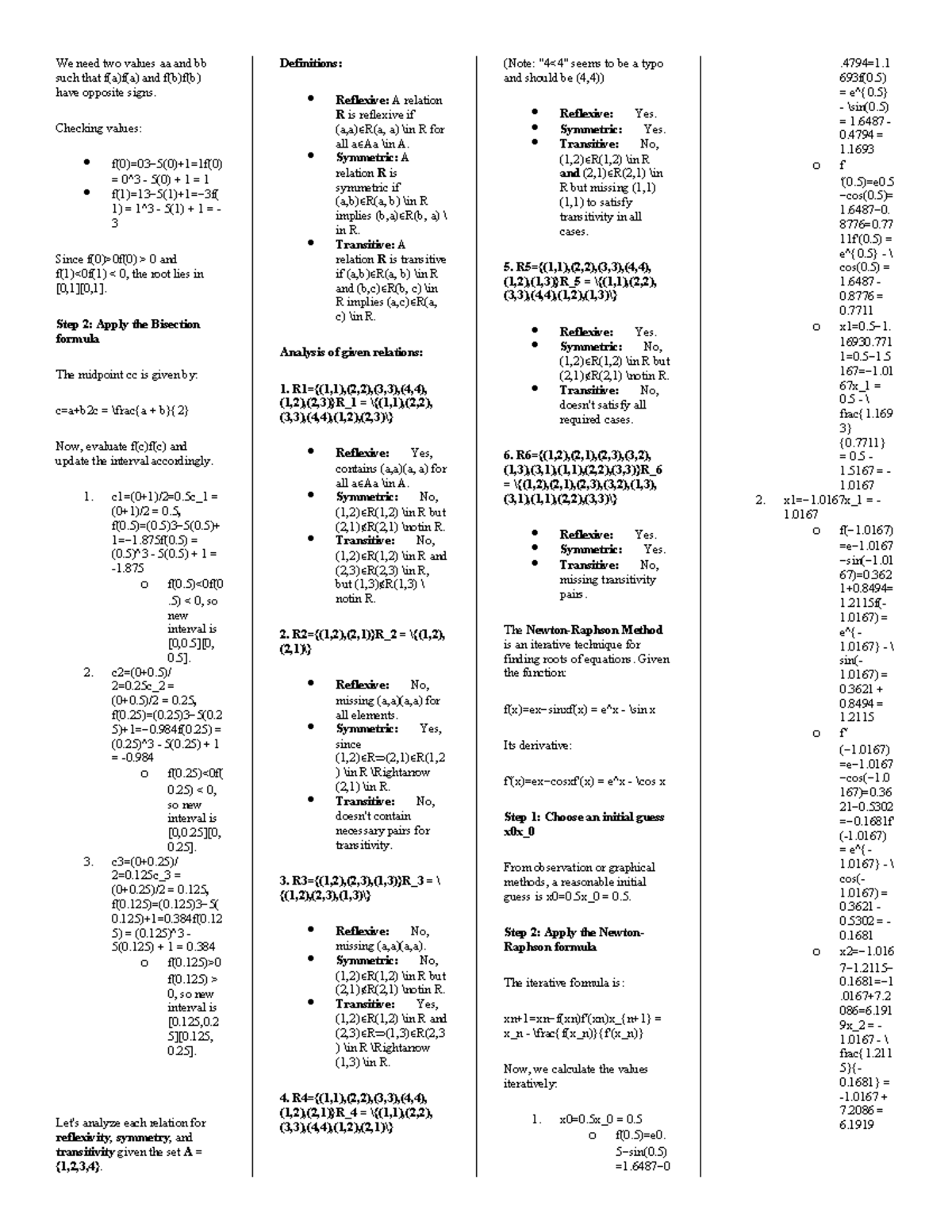 MATH 101: Bisection Method and Set Theory Analysis Notes - Studocu