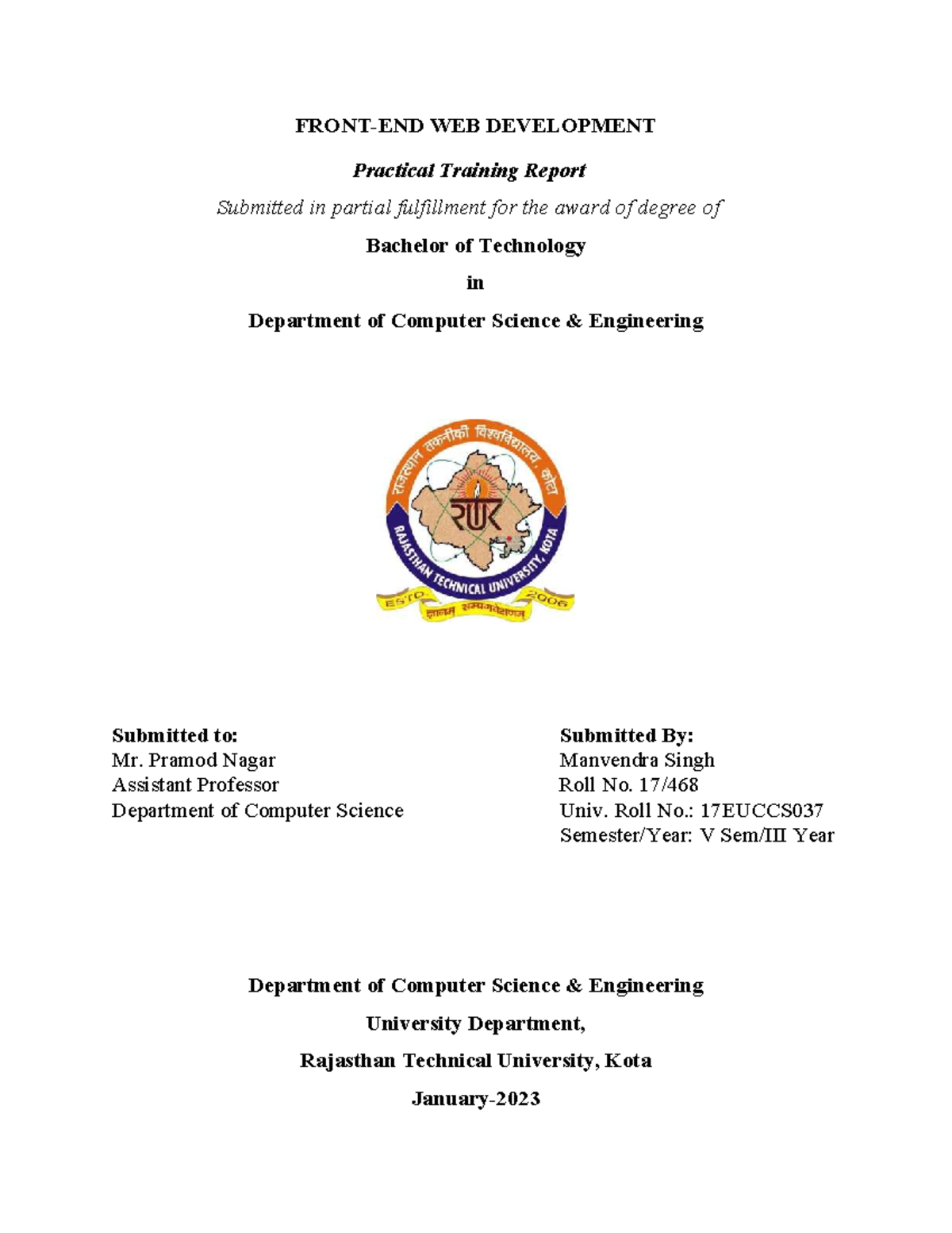 WEB DEVELOPMENT Practical Training Report - Front End Focus - Studocu