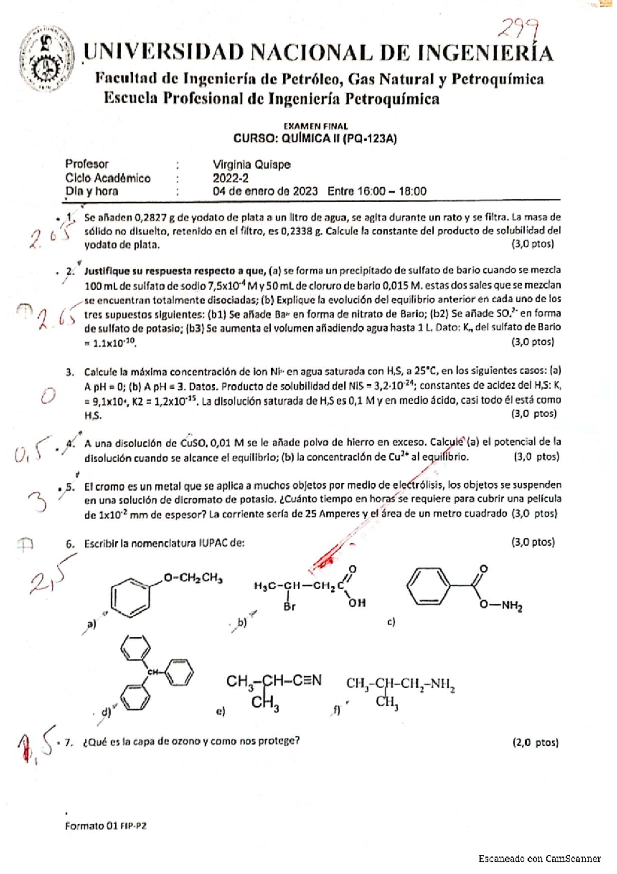 Examen Final 299 - Química II - Universidad Nacional de Ingeniería - Document Preview