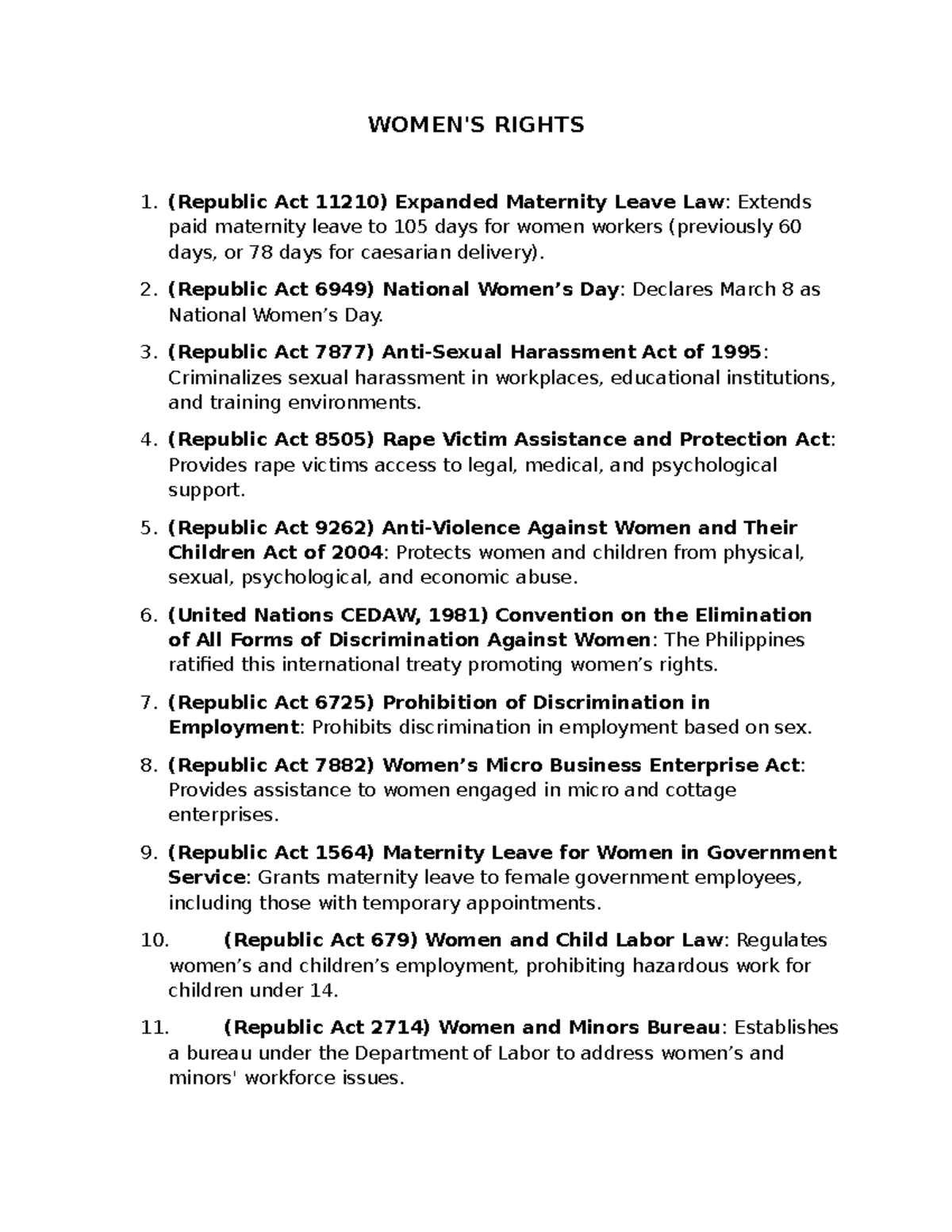 Women's Rights and Key Legislation: A Comprehensive Overview - Studocu