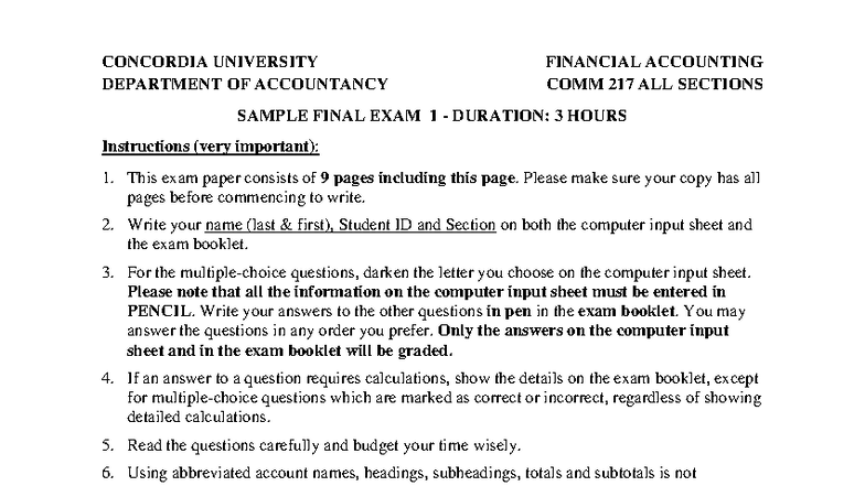 COMM 217 Financial Accounting Sample Final Exam - All Sections - Studocu