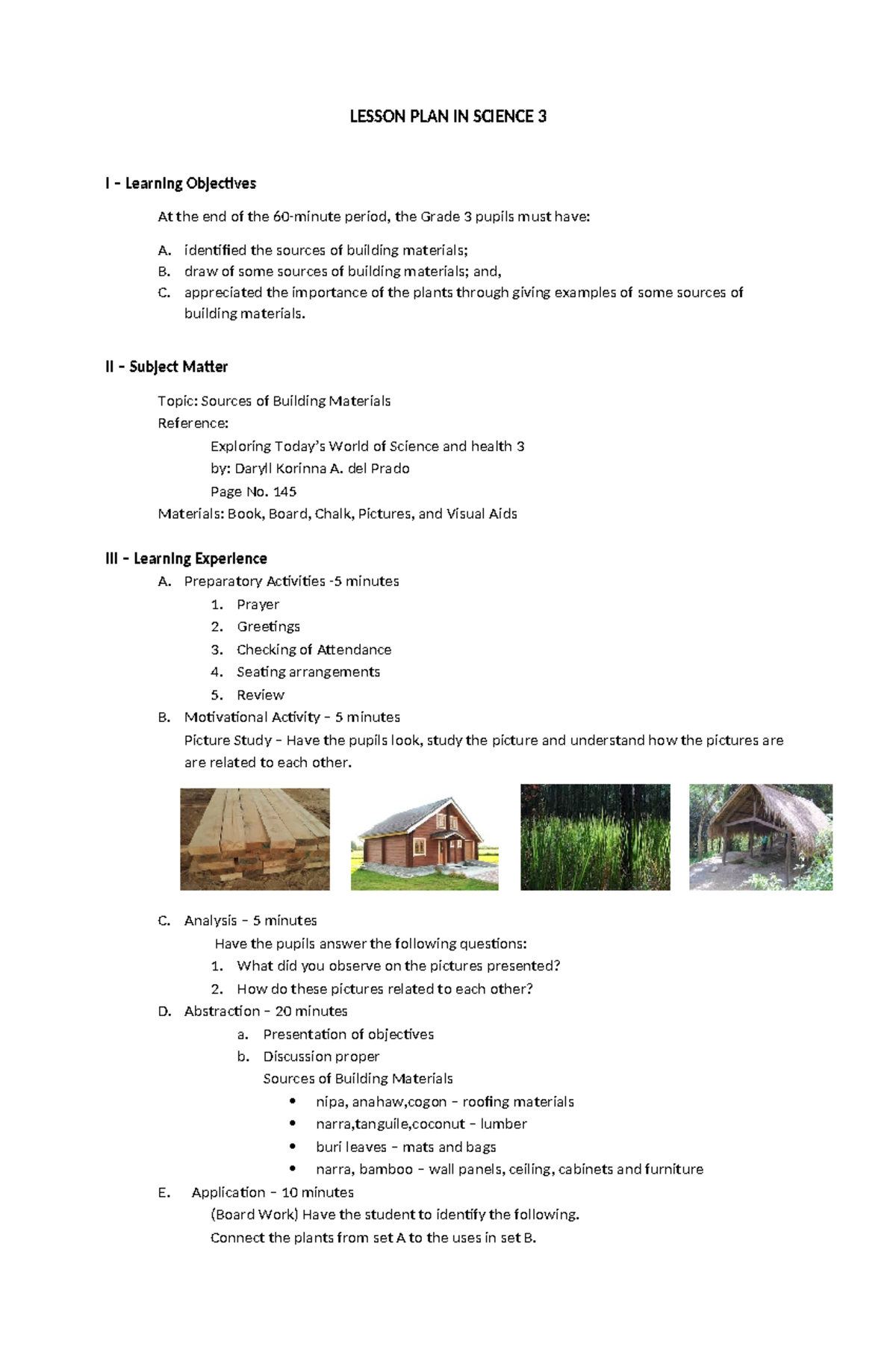 SCI 3 Lesson Plan: Sources of Building Materials - Studocu
