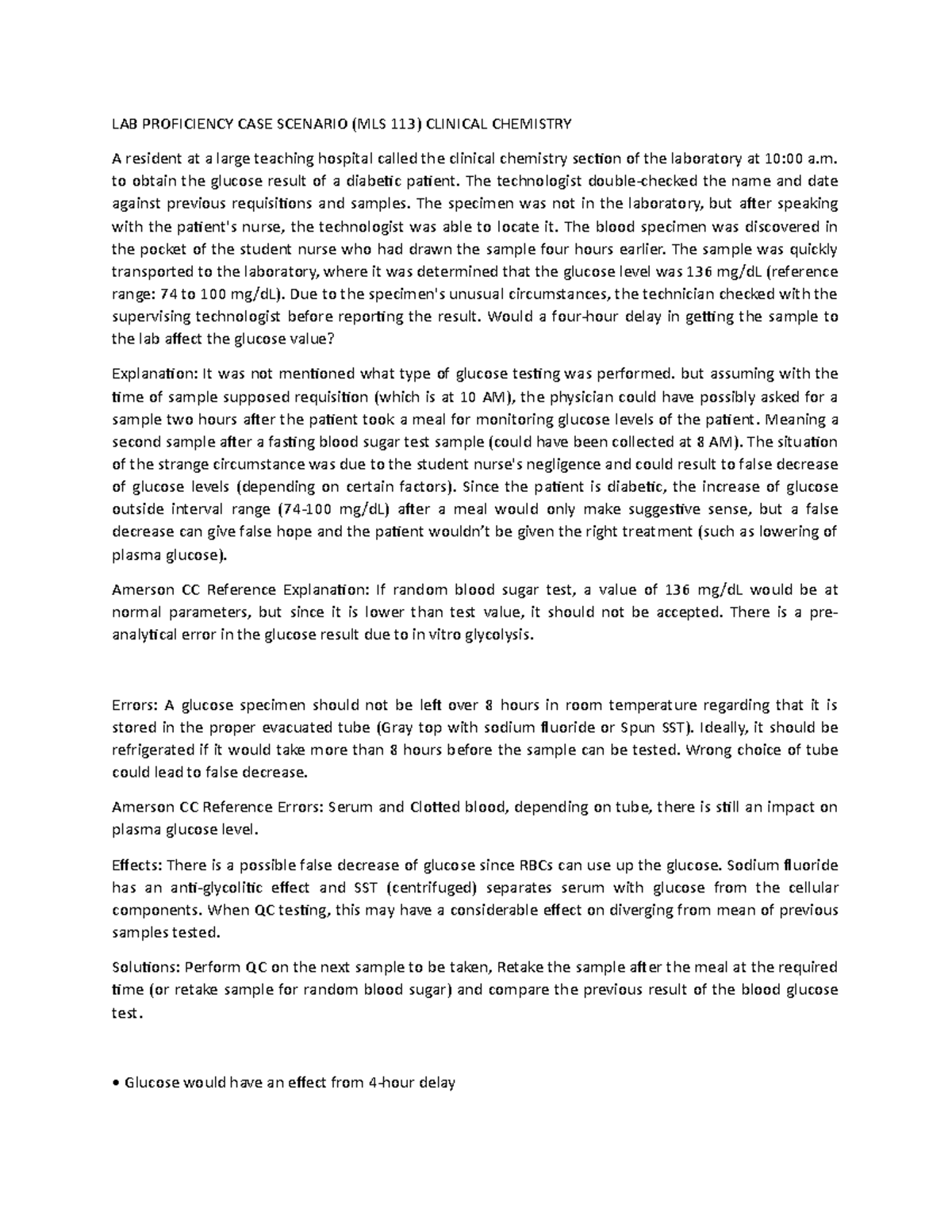 CASE- Scenario CC - LAB PROFICIENCY CASE SCENARIO (MLS 113) CLINICAL ...