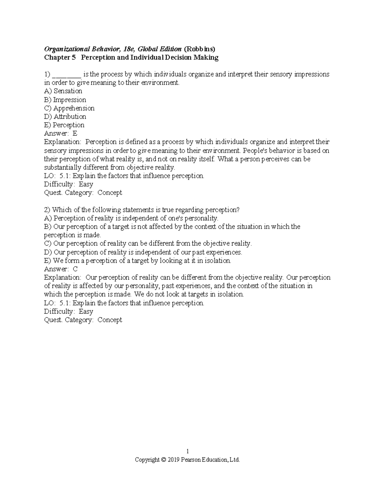 Organizational Behavior, 18e, Global Edition (Robbins) Chapter 5 Test ...