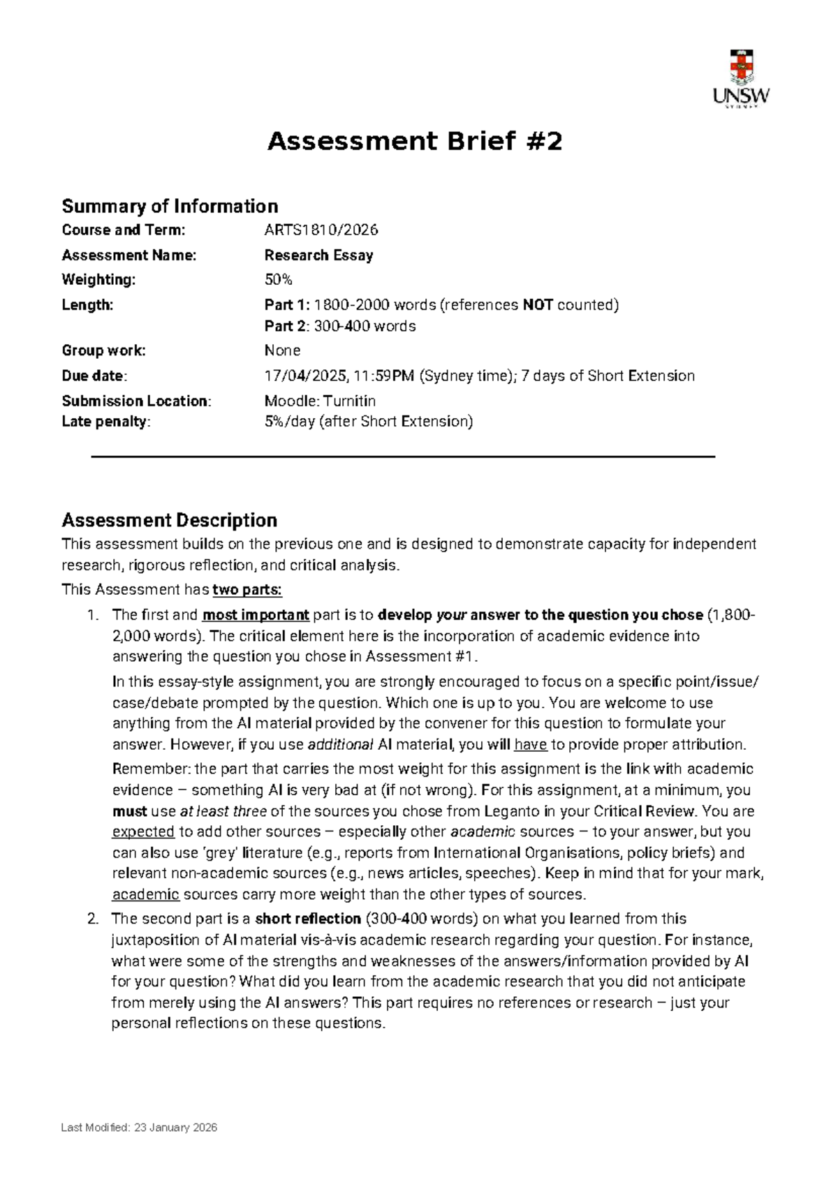 Assessment Brief: Research Essay Guidelines for ARTS1810 2026 - Studocu