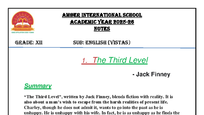 ENGLISH GRADE XII: THE THIRD LEVEL - SUMMARY & ANALYSIS NOTES - Studocu