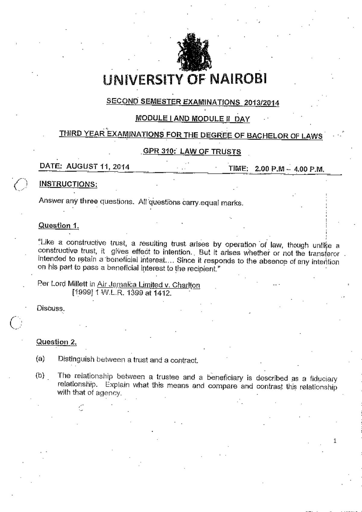 GPR 310: Law of Trusts - University of Nairobi Exam Questions and ...