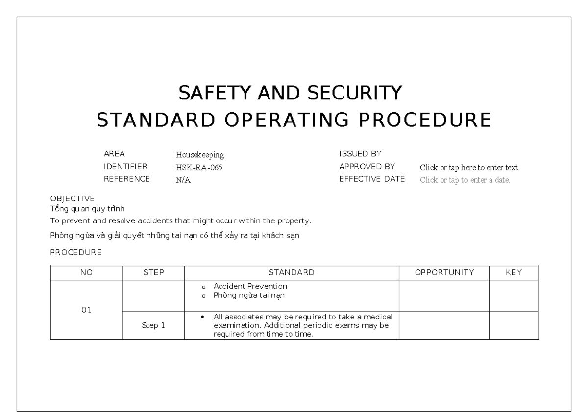 HK-SOP-RA 065 Housekeeping Safety and Security Procedures - Studocu