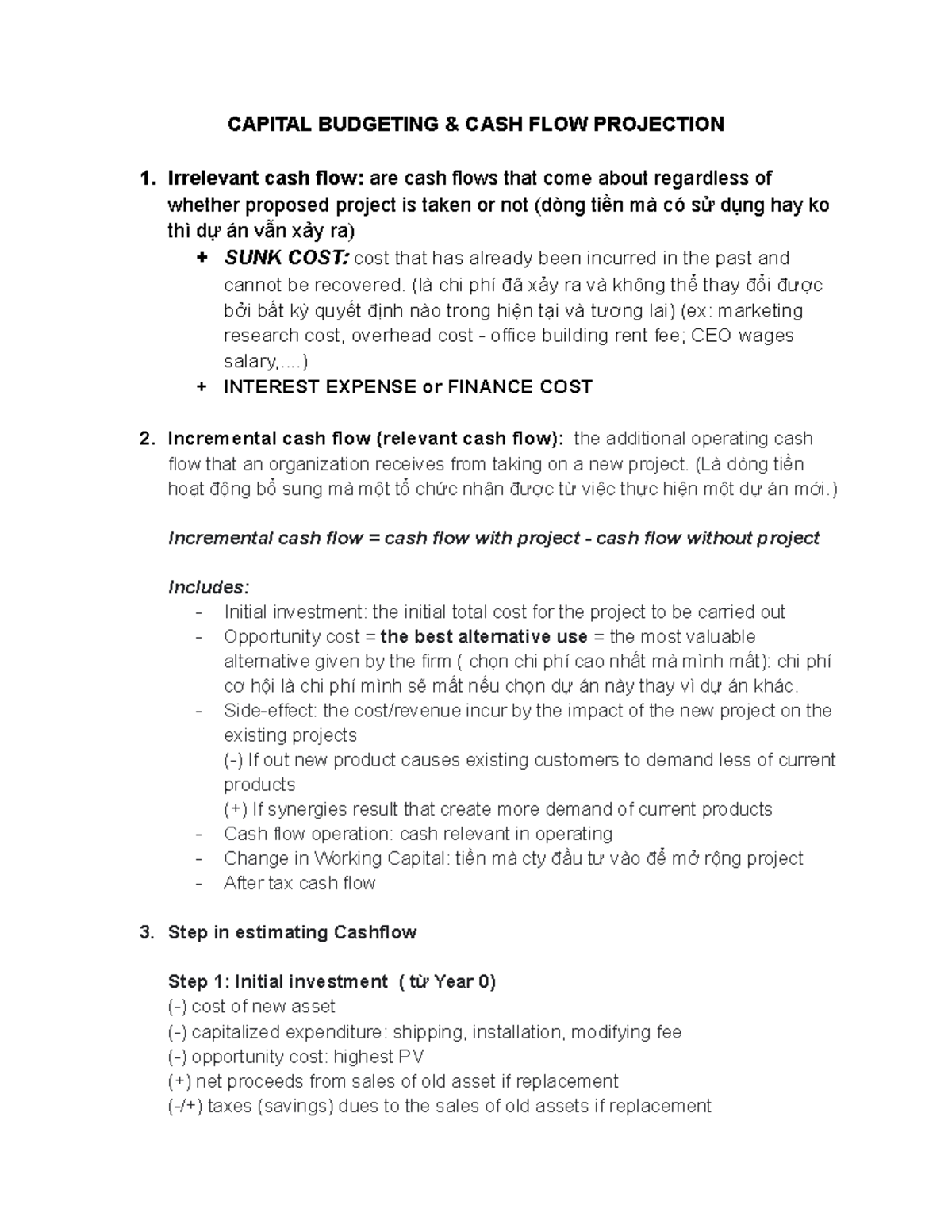 Capital Budgeting & Cash Flow Projection Notes (TA) - Studocu