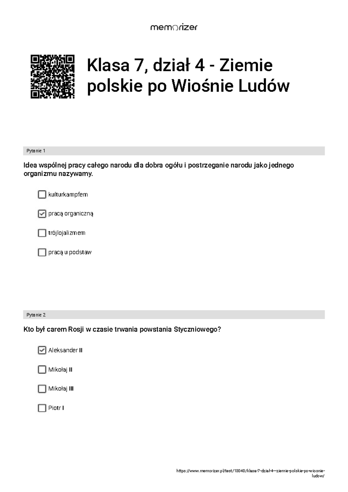 Ziemie Polskie Po Wiośnie Ludów Test