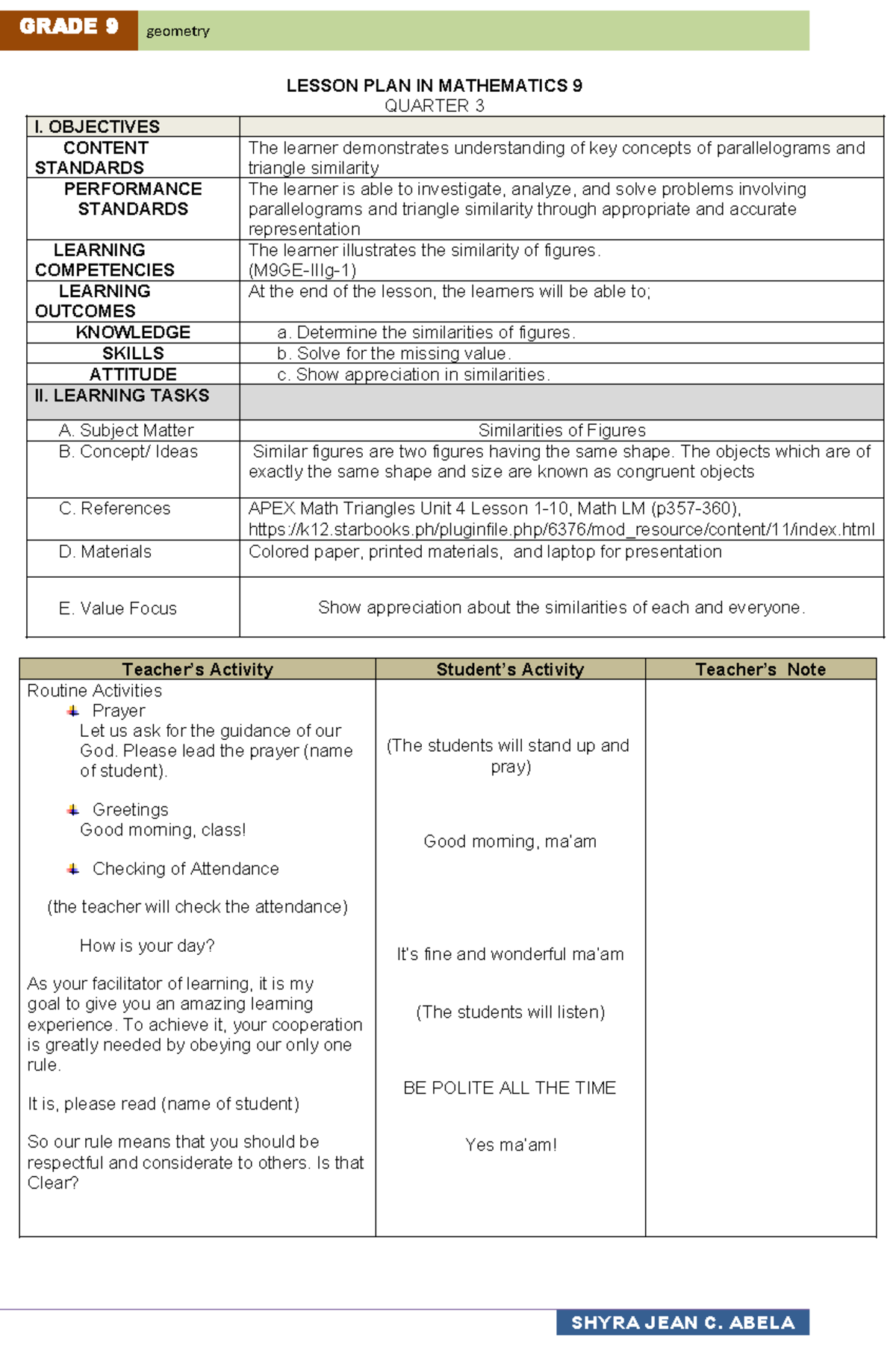 Mathematics 9 Lesson Plan: Exploring Similarities of Figures (M9GE-IIIg ...